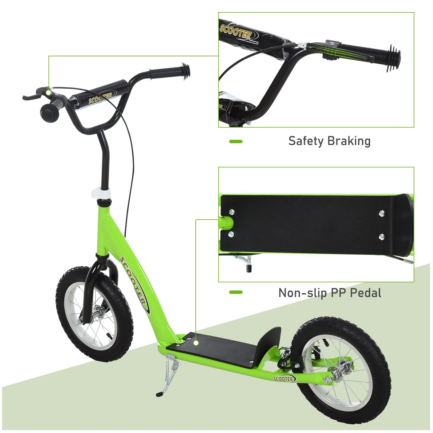 Teen Kids Stunt Scooter w/ Adjustable Handlebar, 12 Inch Rubber Tyres, Dual Brakes, Green