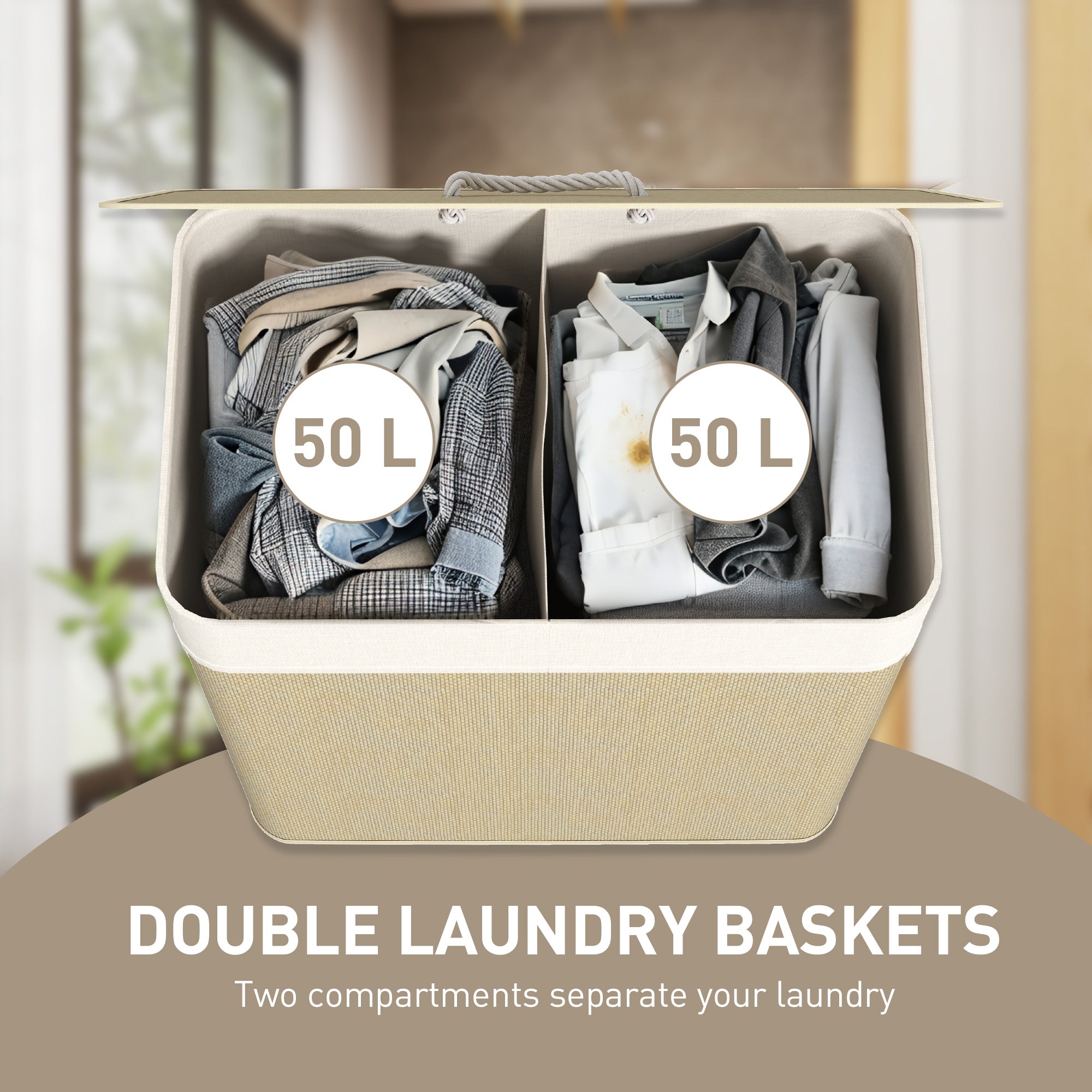 2 Section Laundry Basket with Lid, 100L Bamboo Laundry Hamper with Handles, Removable and Washable Liner, Cream White