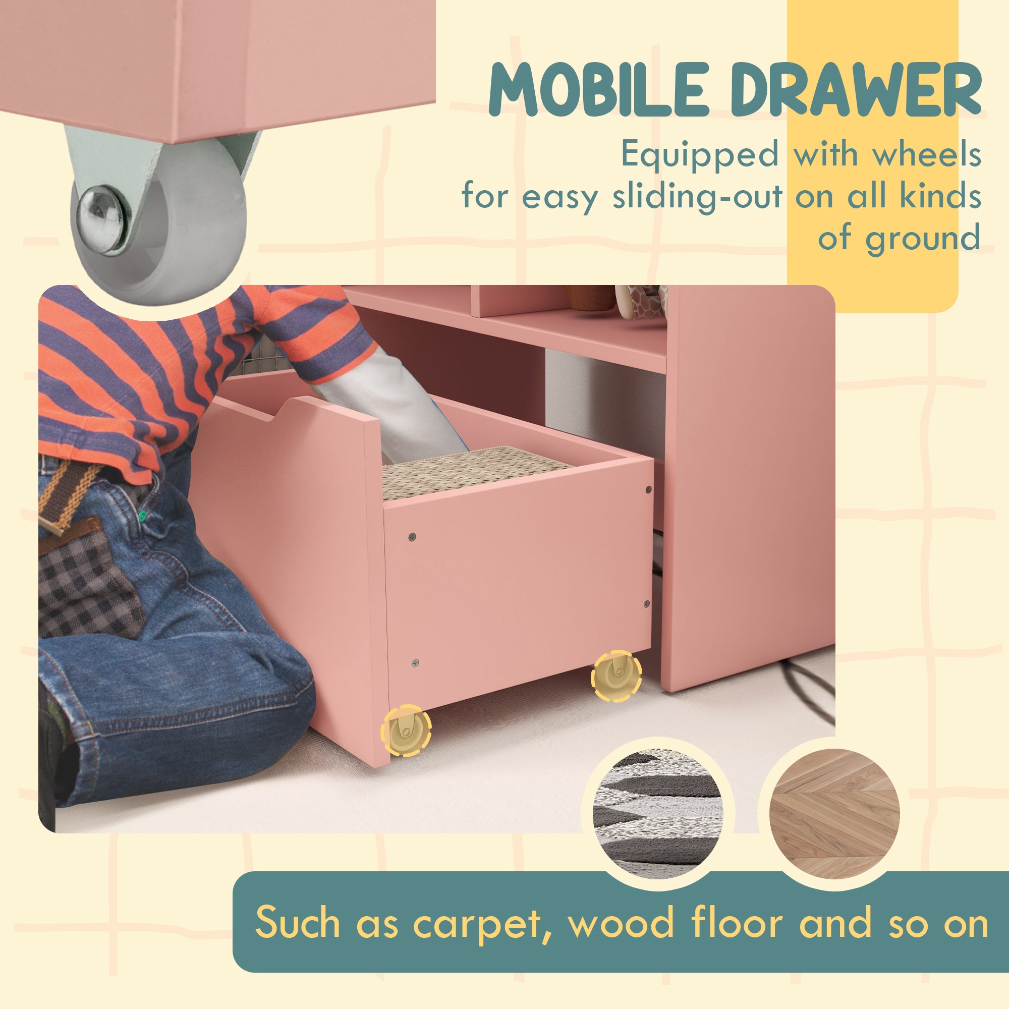 Kids Bookshelf with Storage Drawer and Wheels - Pink