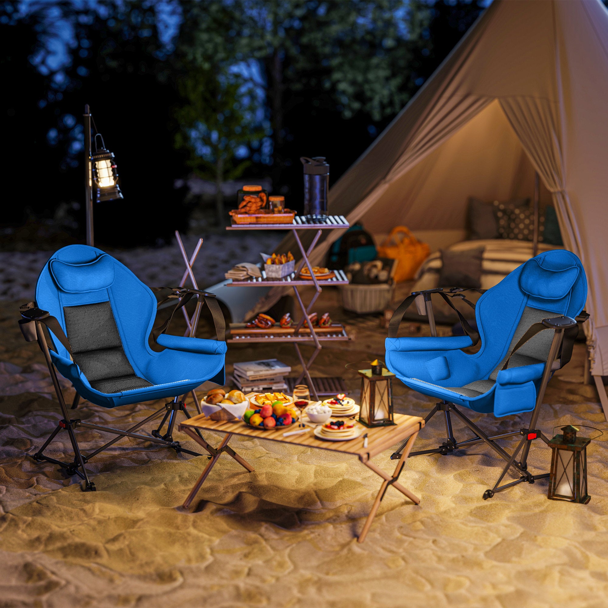 Adjustable Swinging Hammock Camping Chair Set of 2 with Cup Holder - Blue