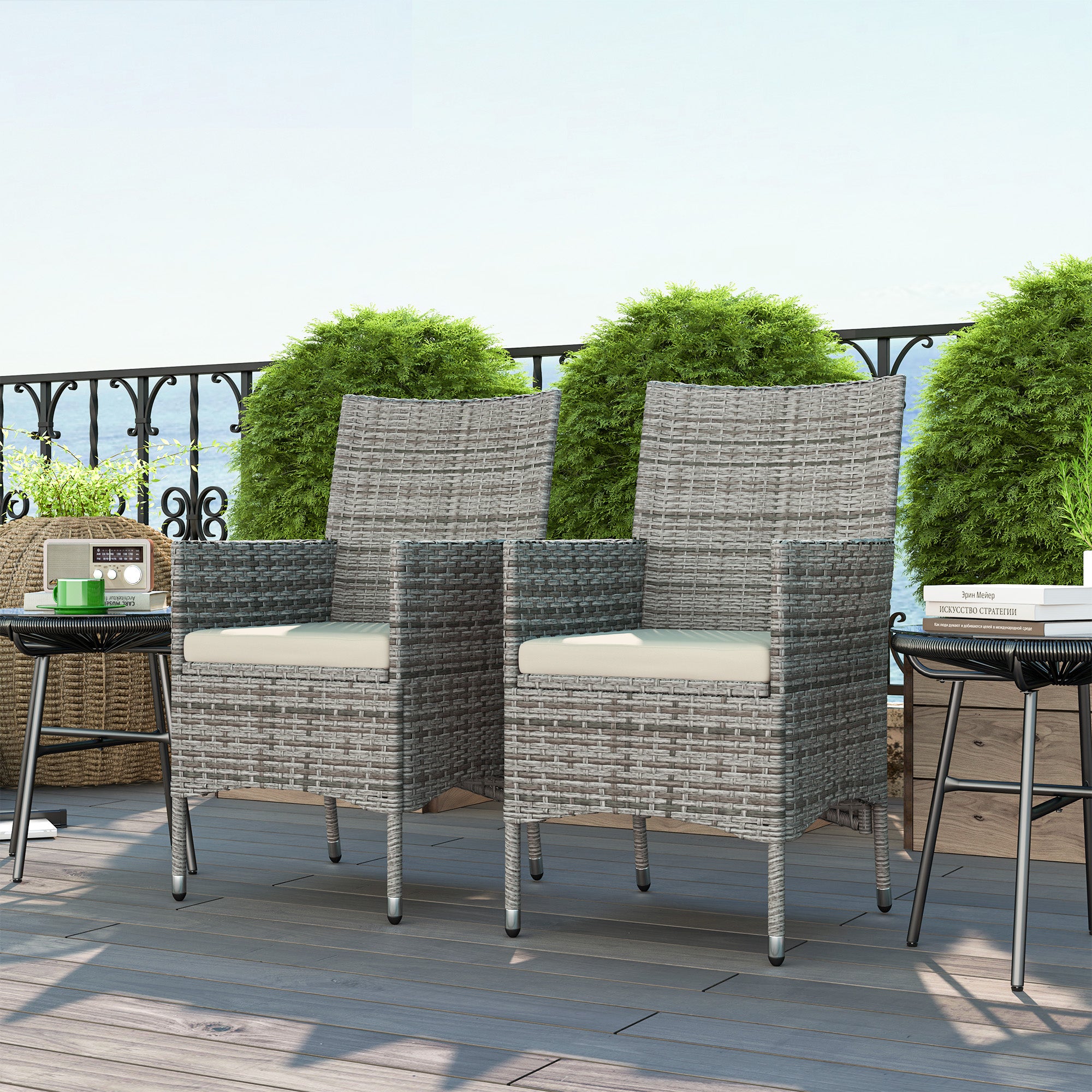 2-Piece Rattan Garden Dining Chair Set with Cushions - Mixed Grey
