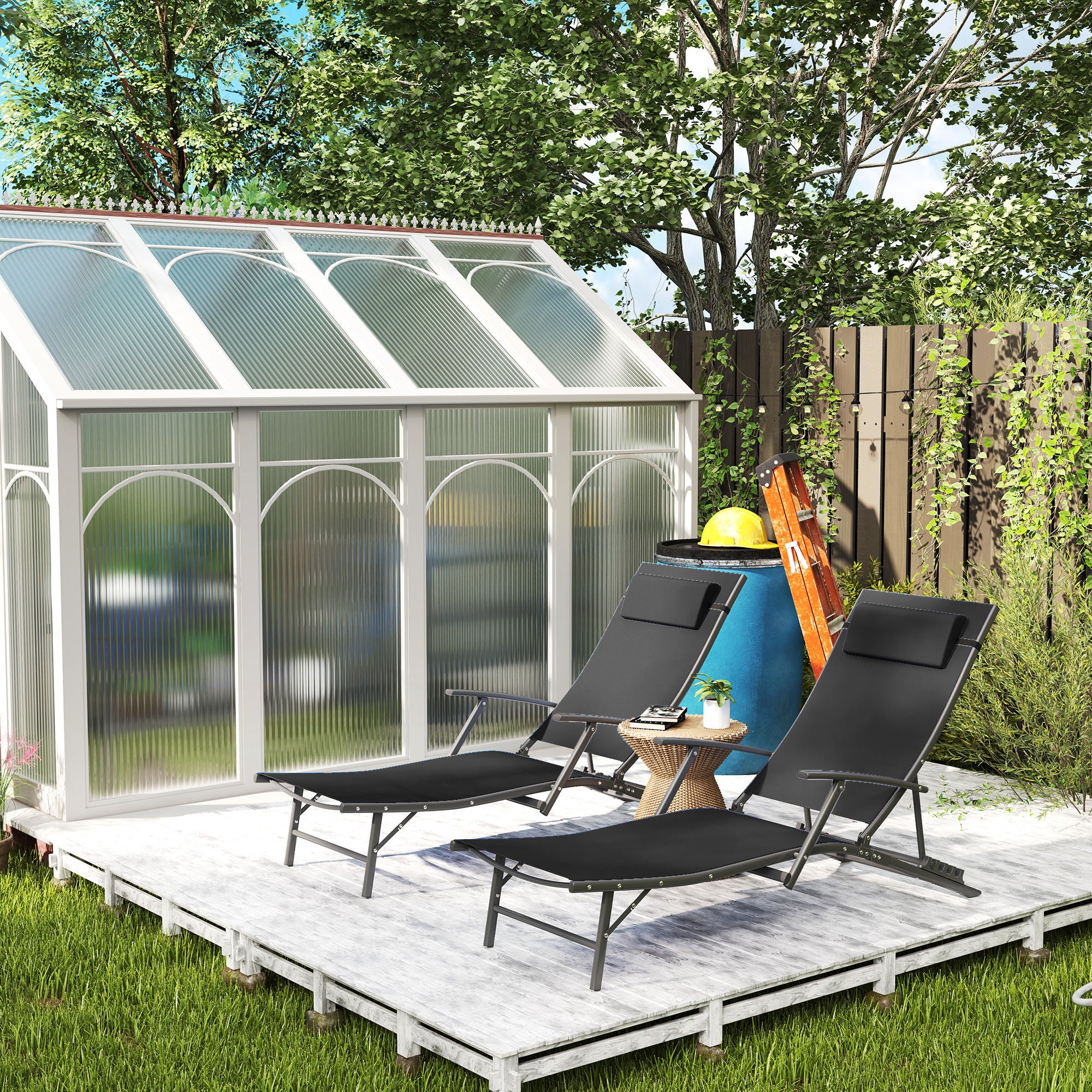 Set of 2 Adjustable Back Sun Loungers with Quick-Dry Mesh - Black