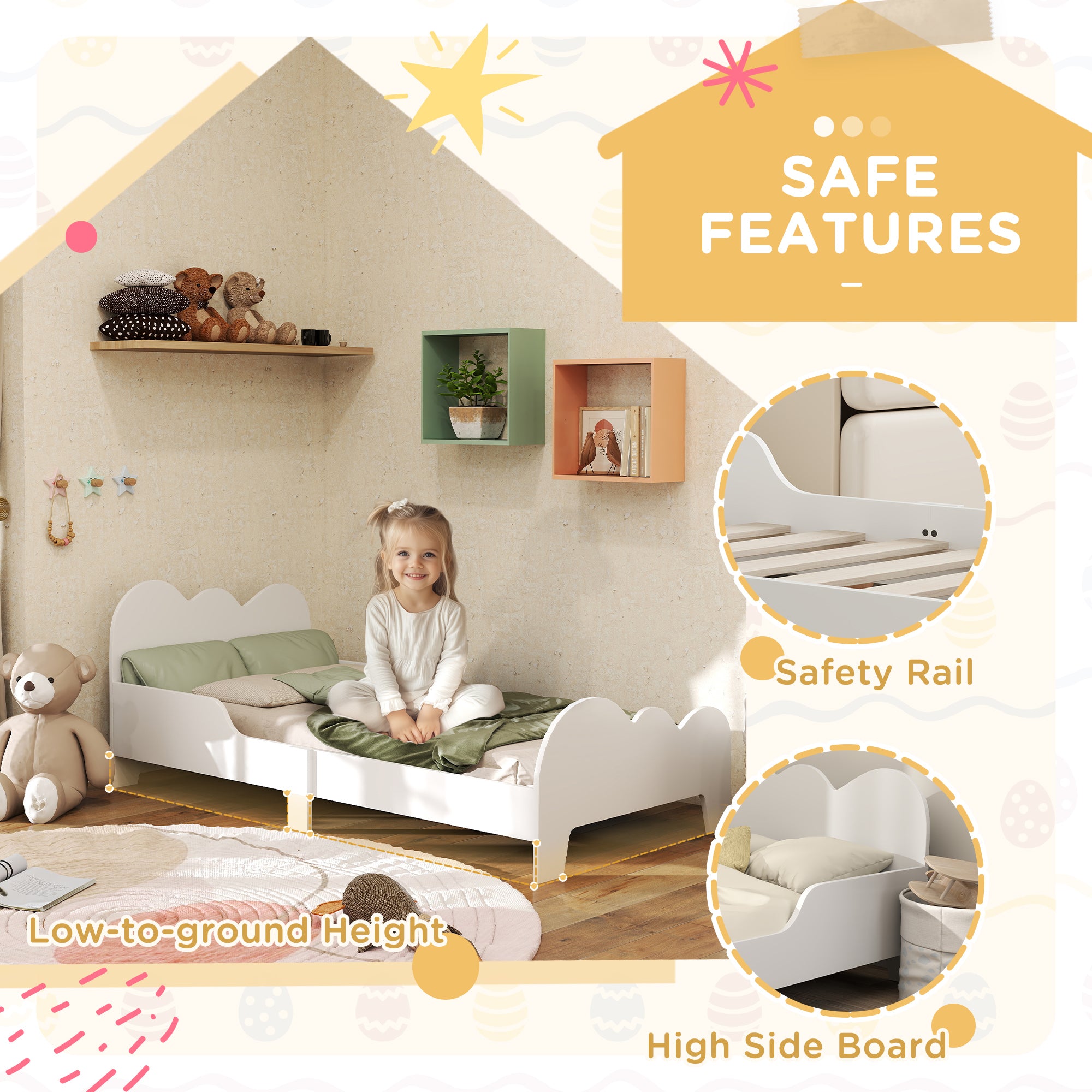 Cloud-Themed Toddler Bed Frame with Safety Rails 143.5x74.5x56cm - White