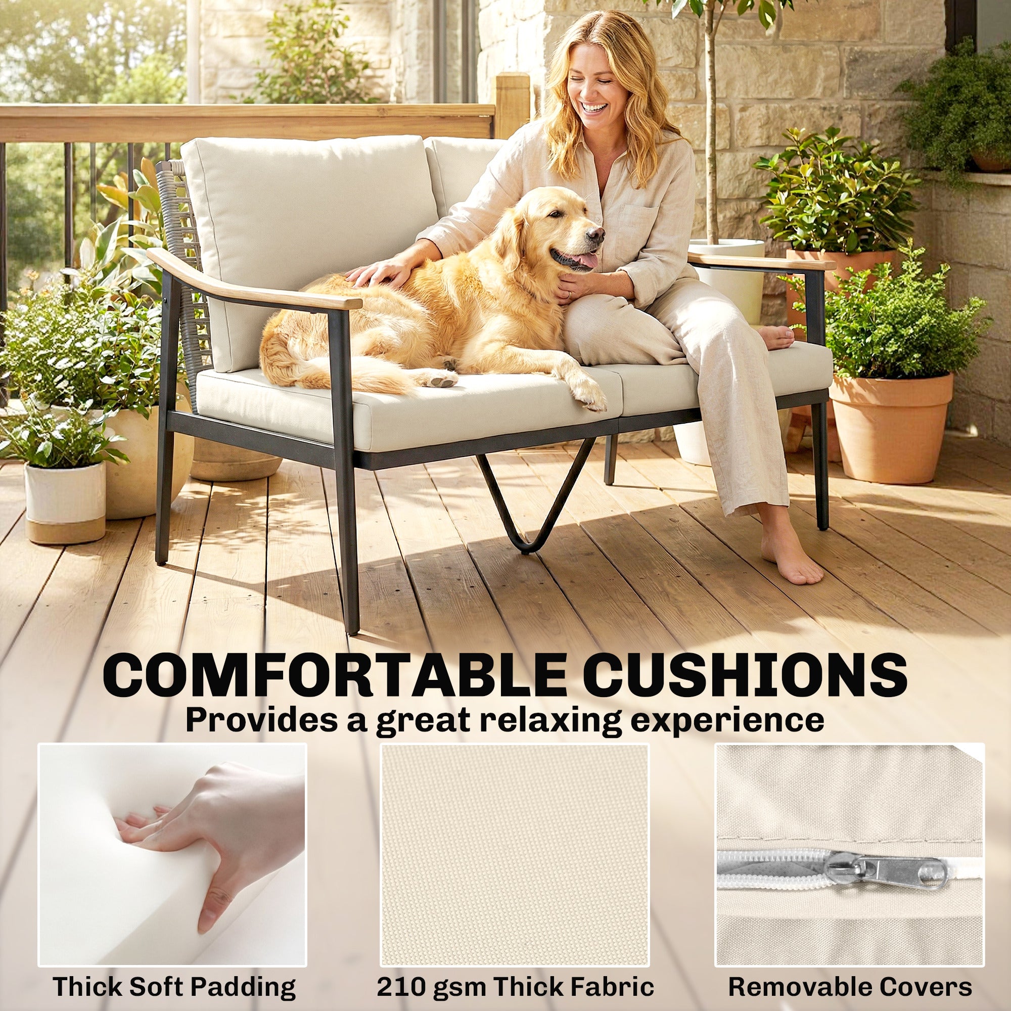 2 Seater Rattan Sofa, Outdoor Garden Sofa with Wood-Effect Armrests, Cushions for Patio, Balcony, Khaki