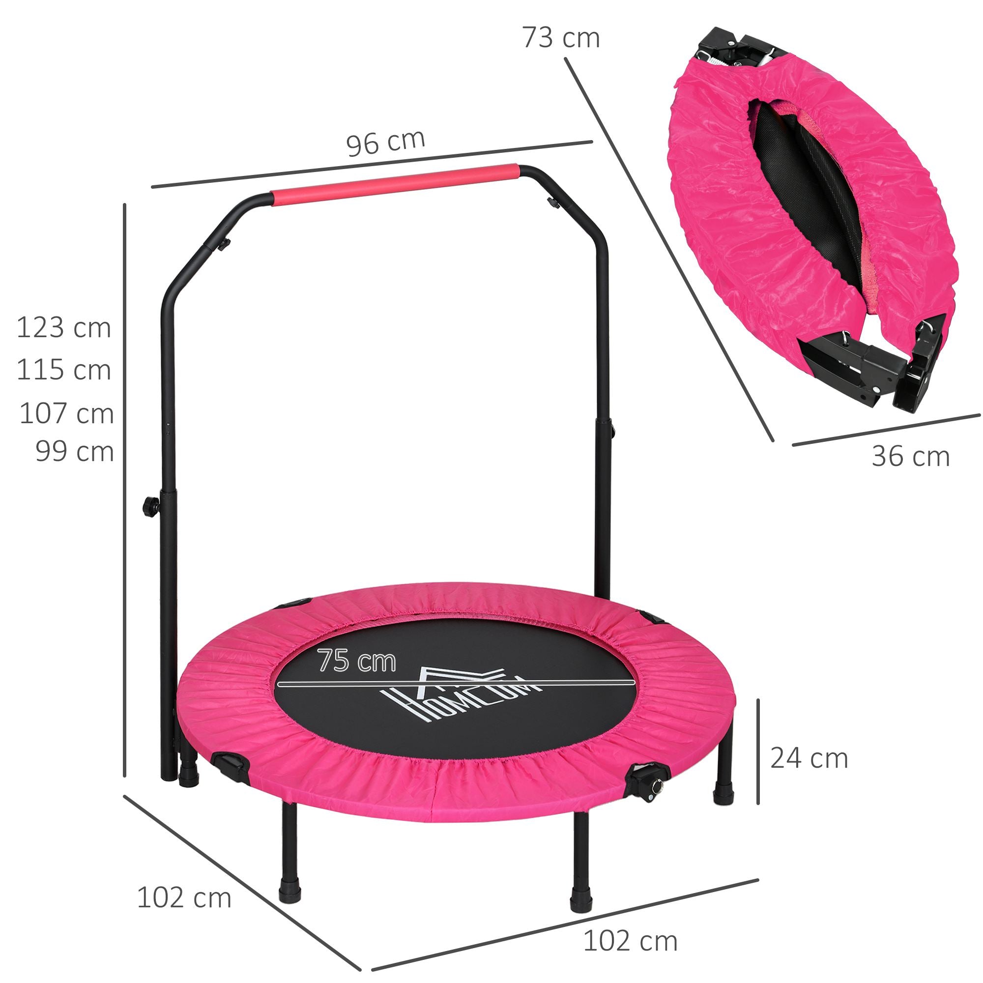40" Foldable Mini Fitness Trampoline, with Adjustable Foam Handle, Pink