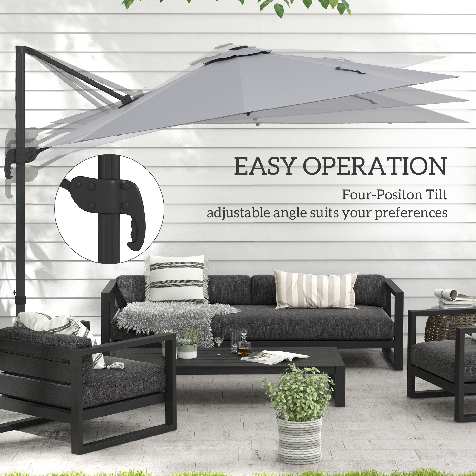 3(m) Adjustable Cantilever Parasol with Base, Solar LED Lights, Light Grey