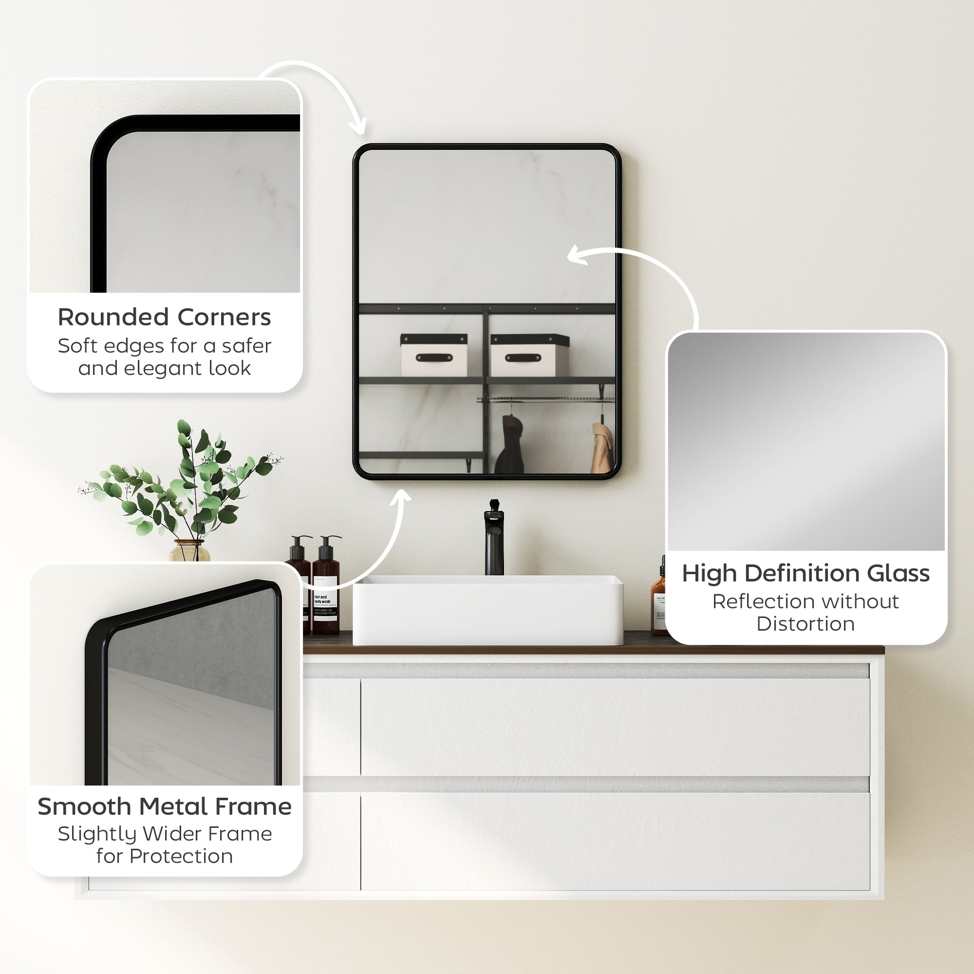 Rectangular Wall Mirror with HD Glass - Black