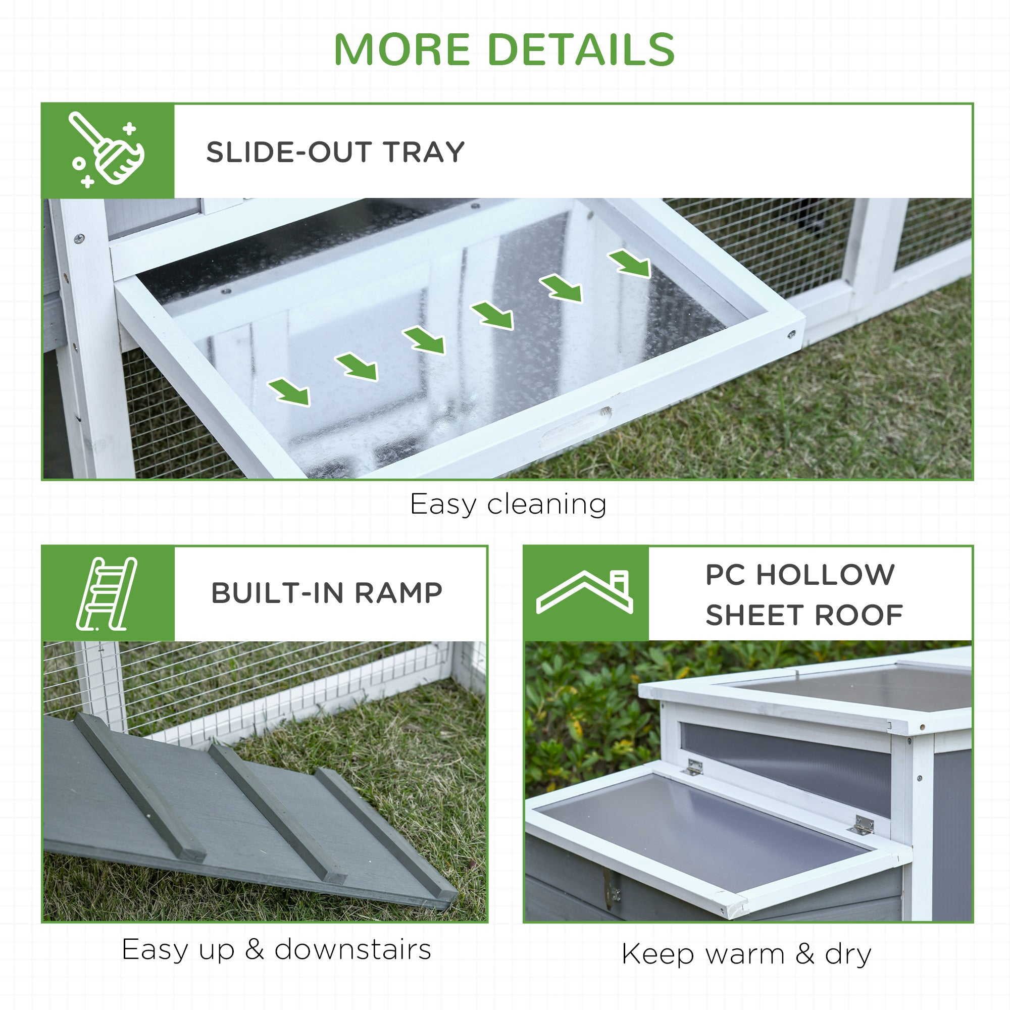 Chicken Coop with Run Rabbit Hutch Wooden Poultry Cage Hen House w/ Nesting Box Removable Tray Openable Roof Grey 162 x 76.5 x 79.5cm