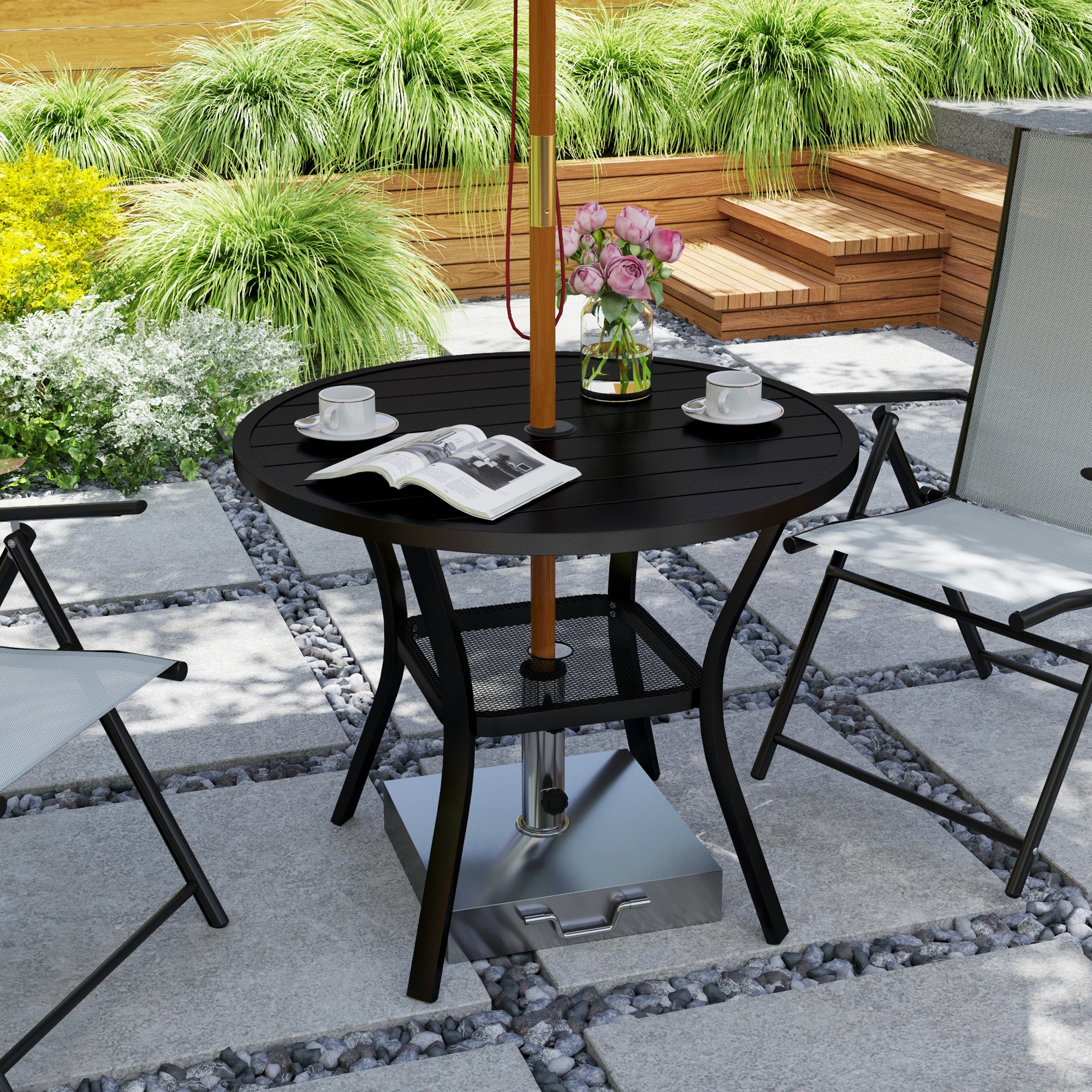 90cm Round Steel Garden Dining Table with Parasol Hole and Wire Shelf - Black