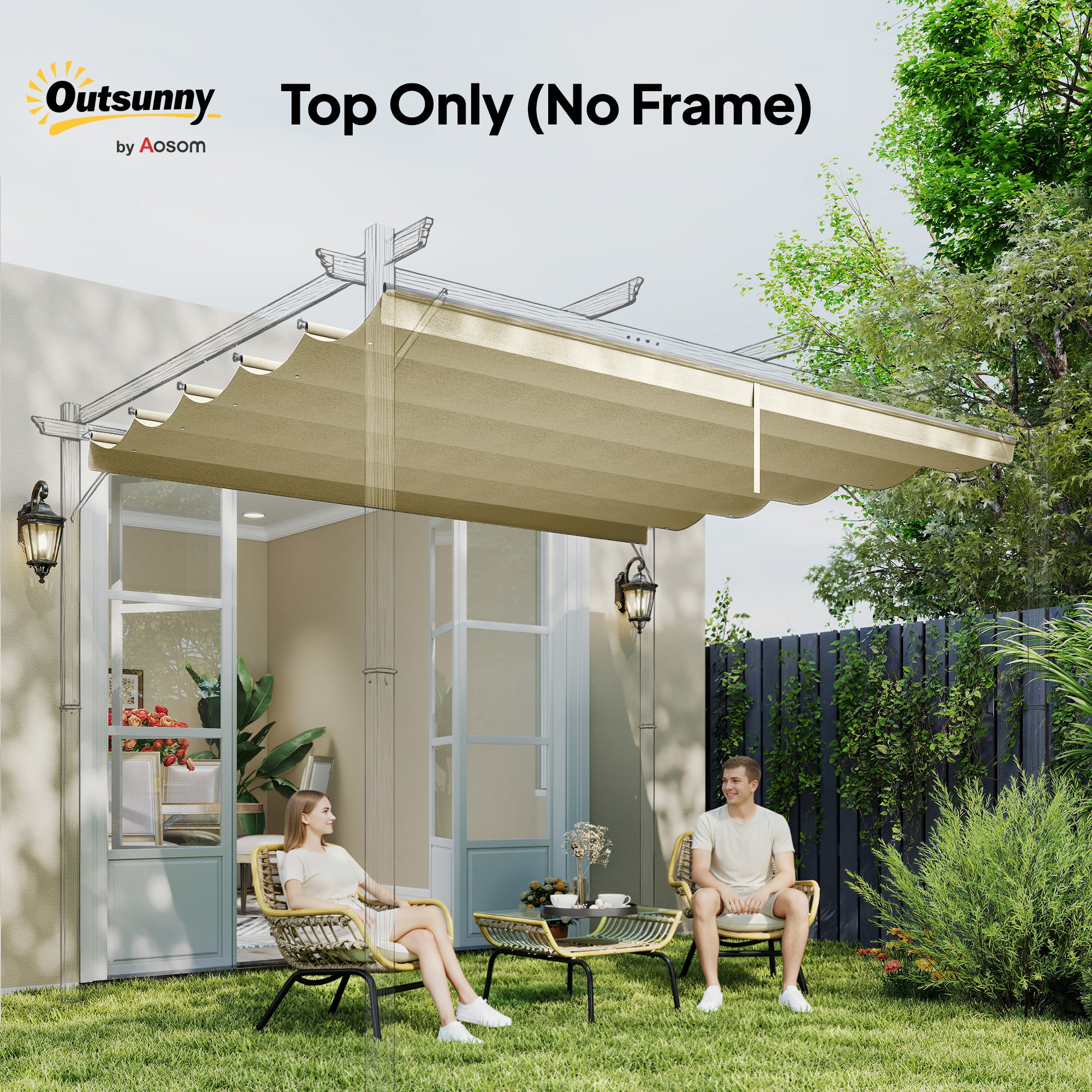 Retractable Pergola Cover, 3.5 x 2.6 m Replacement Canopy Fabric for 4 x 3 m Frame, Roof Top Only, Cream White