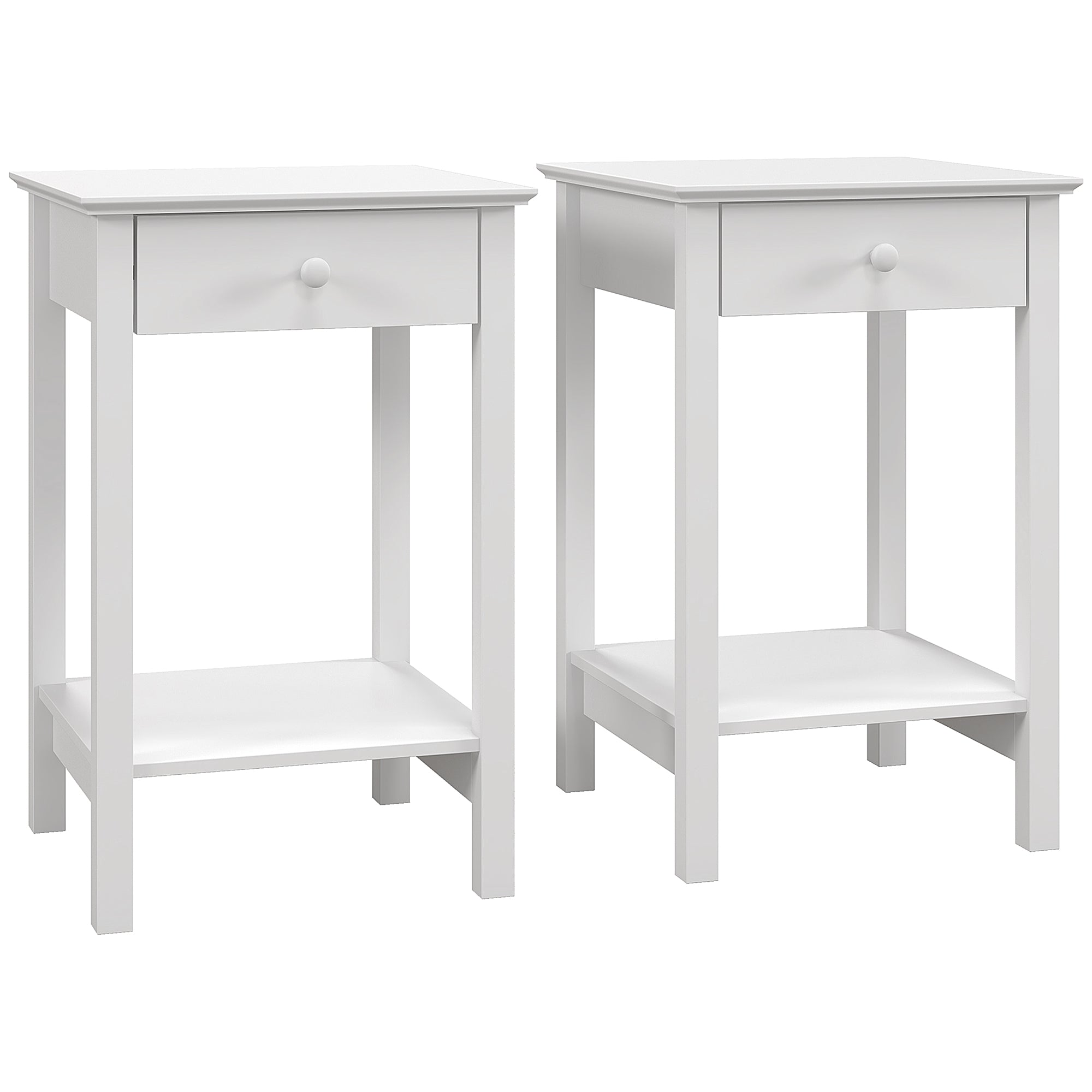 White Bedside Table, Wooden Side Table, Nightstand, Bedside Cabinet with Drawer and Storage Shelf for Bedroom and Living Room, Set of 2