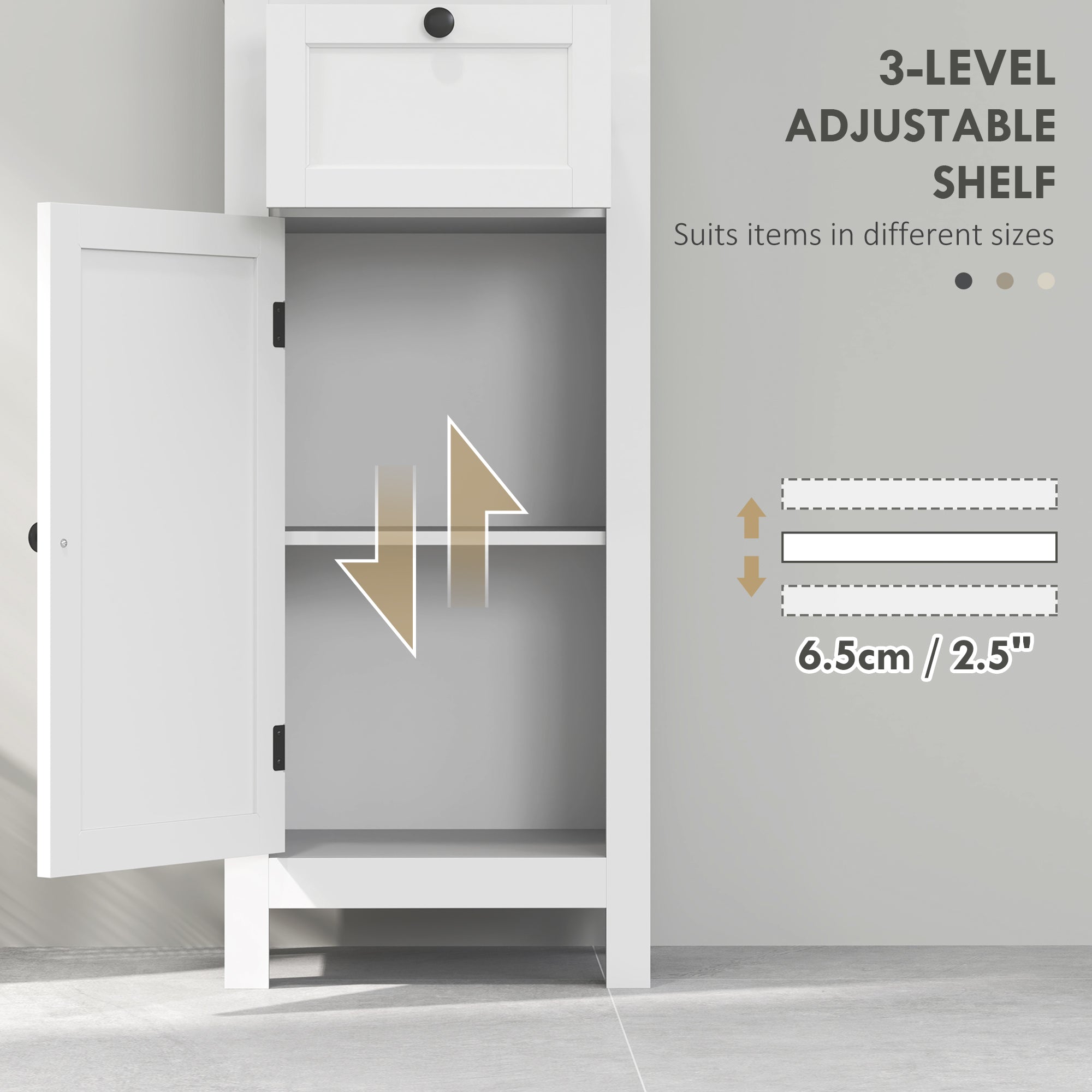Tall Bathroom Cabinet, Slim Bathroom Storage Cabinet with 2 Open Shelves, Soft Close Door and Drawer, Adjustable Shelf, Narrow Cupboard Storage Unit, White