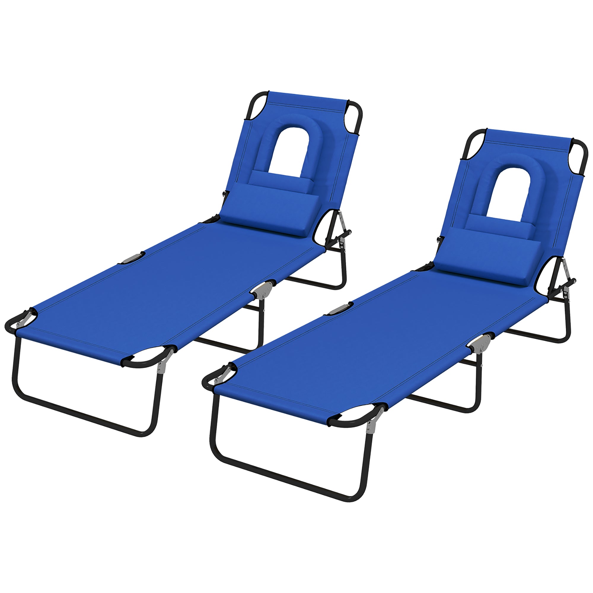 Outdoor Foldable Sun Lounger Set of 2, 4 Level Adjustable Backrest Reclining Sun Lounger Chair with Pillow and Reading Hole, Blue