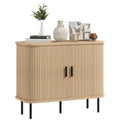 Mid-Century Modern Sideboard Cabinet with Slatted Tambour Sliding Doors and Steel Legs - Oak Tone