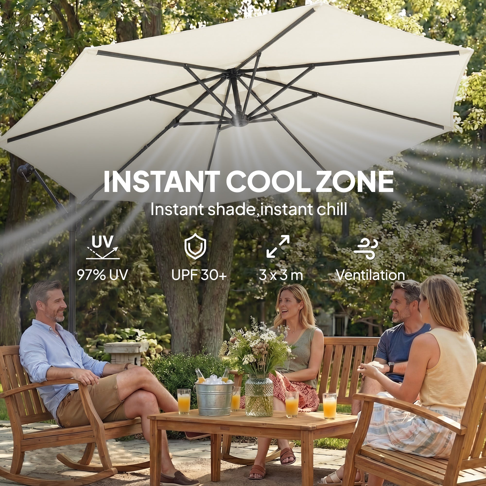 3 m Garden Cantilever Parasol with Cross Base, Sandbag, 360° Rotating Overhanging Banana Umbrella, Cream White
