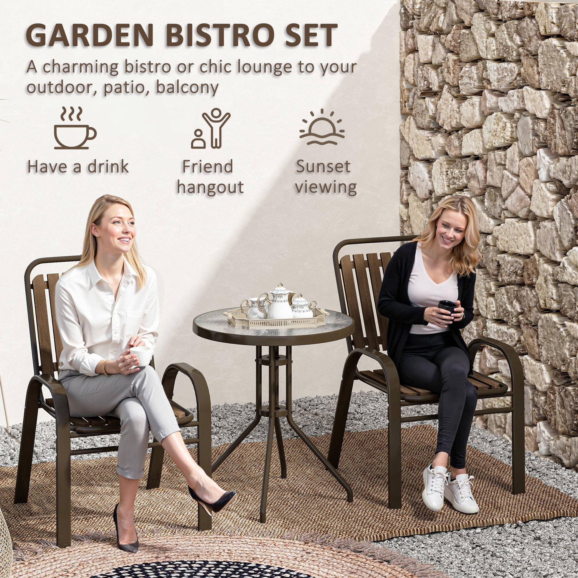 3 Pieces Outdoor Patio Bistro Set with Stackable Chairs and Tempered Glass Table - Dark Brown