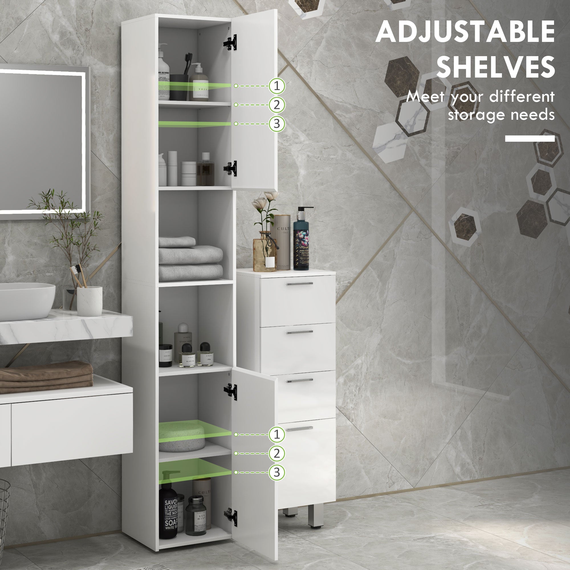 Multi-Storage Slim Bathroom Cabinet - High Gloss White