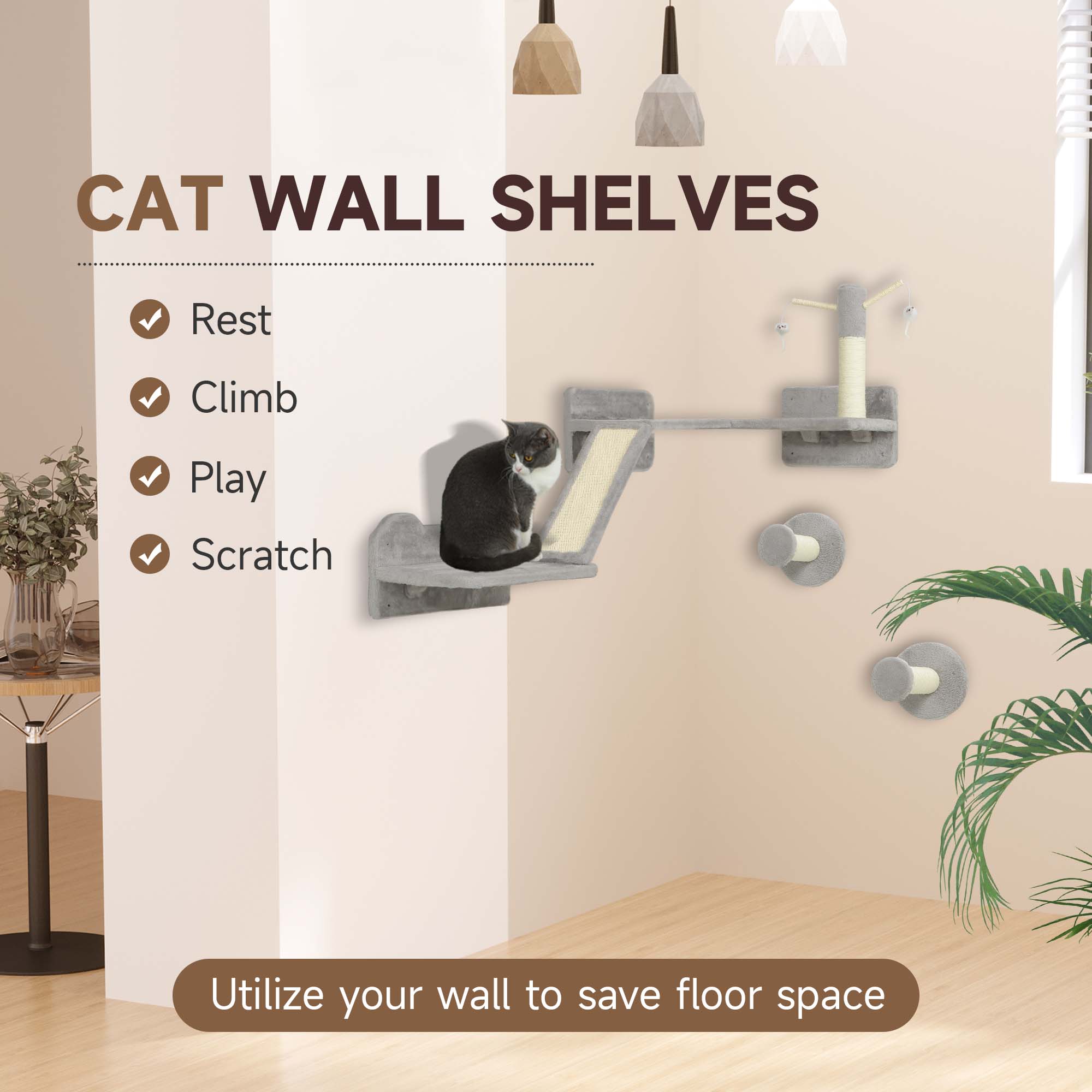 3-Piece Cat Wall Furniture with Scratching Posts, Scratching Pads, Perches, Cat Wands, Toy Balls, Light Grey