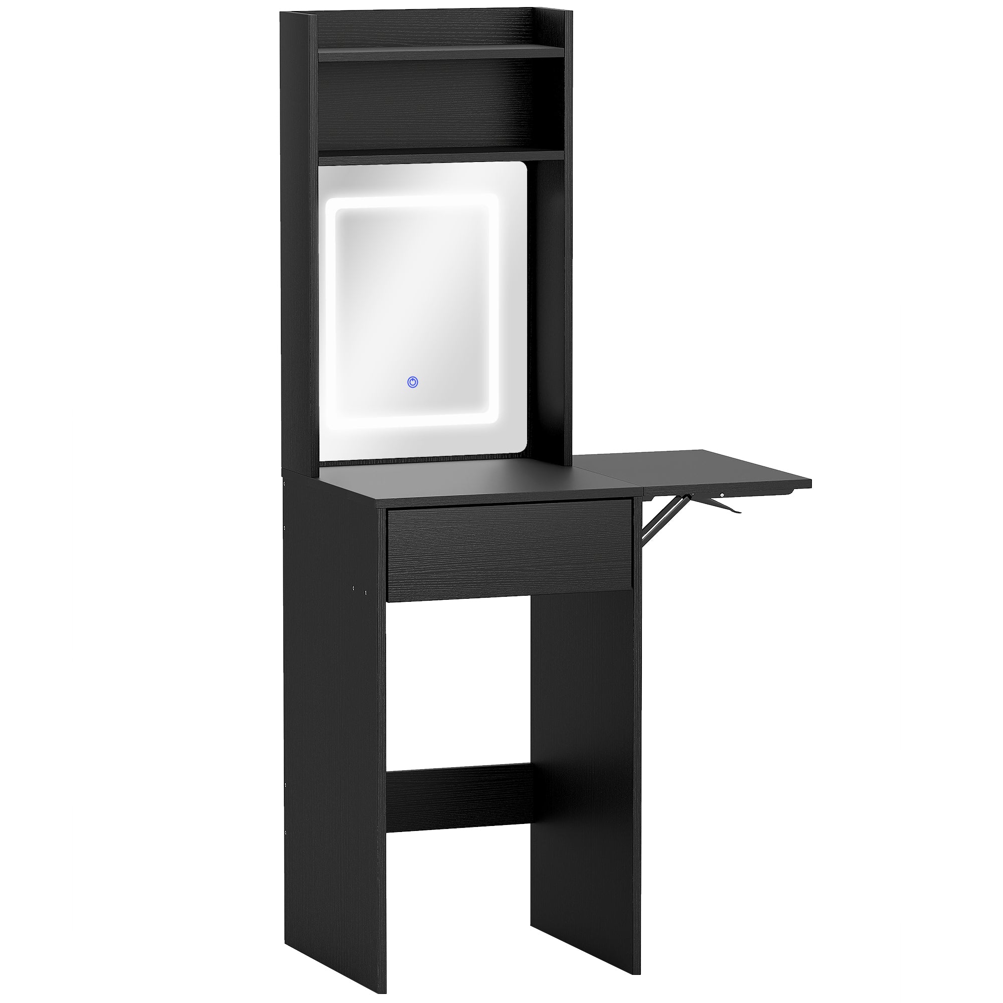 Small Vanity Desk with Mirror and LED Lights, Compact Dressing Table with Drop Leaf, Open Shelves and Drawer, Black