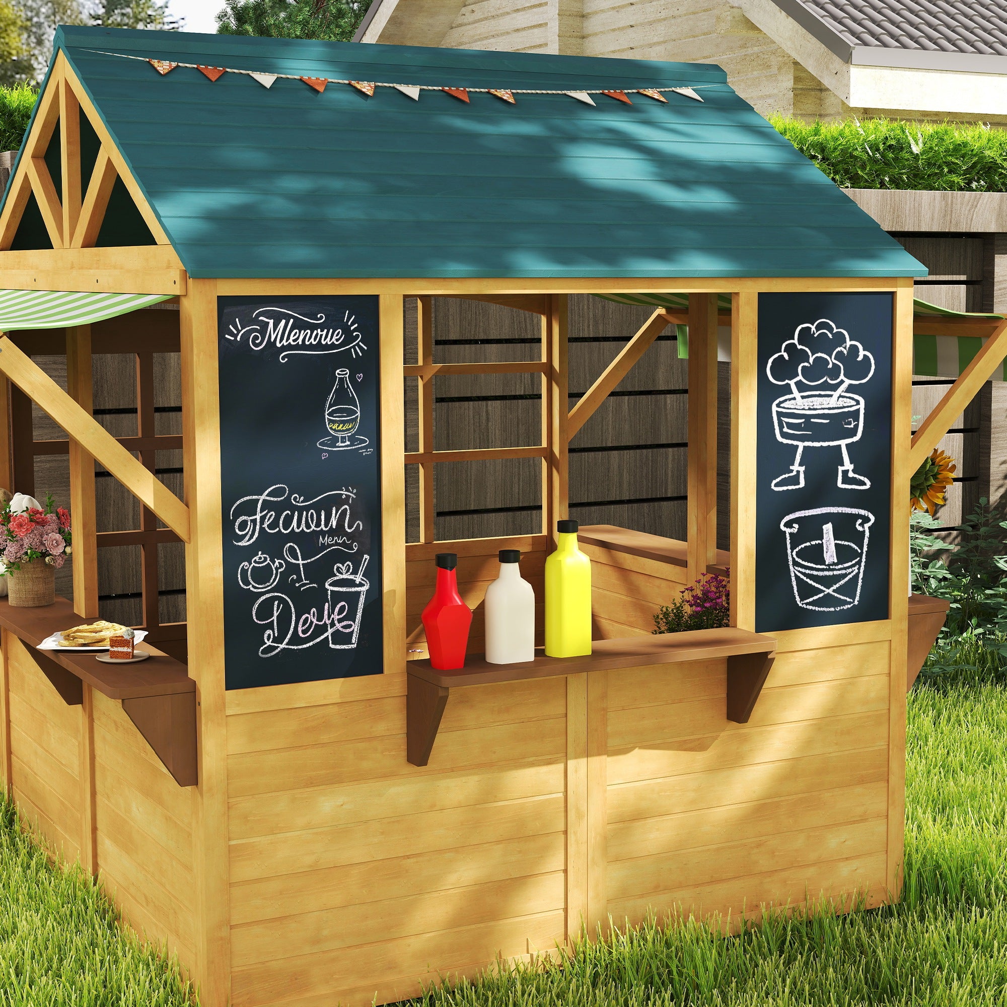 Wooden Playhouse for Kids, Foldable Wendy House with Windows, Working Door, Service Stations, Rain Covers, Brown
