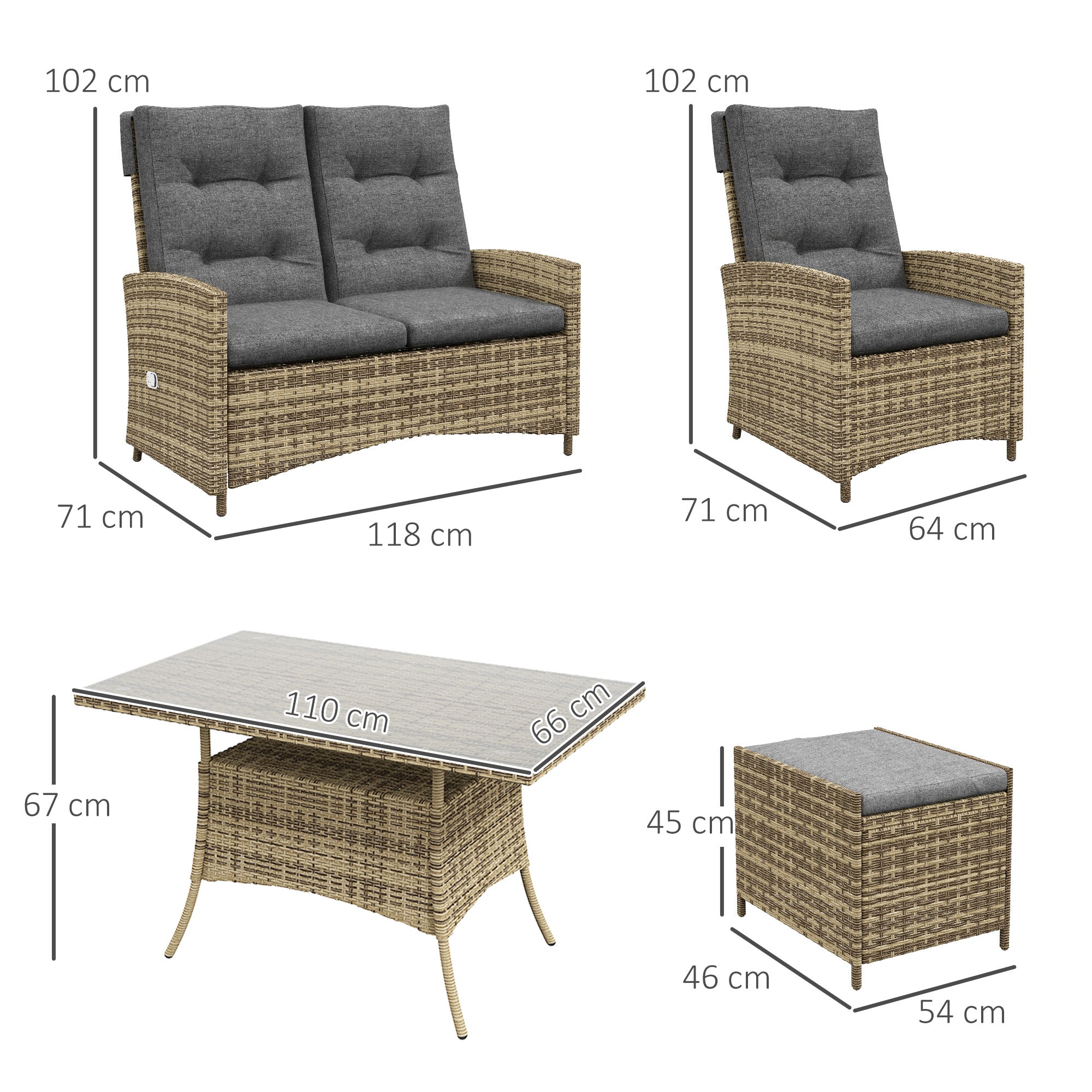 Six-Piece Rattan Garden Set, with Reclining Chairs - Grey