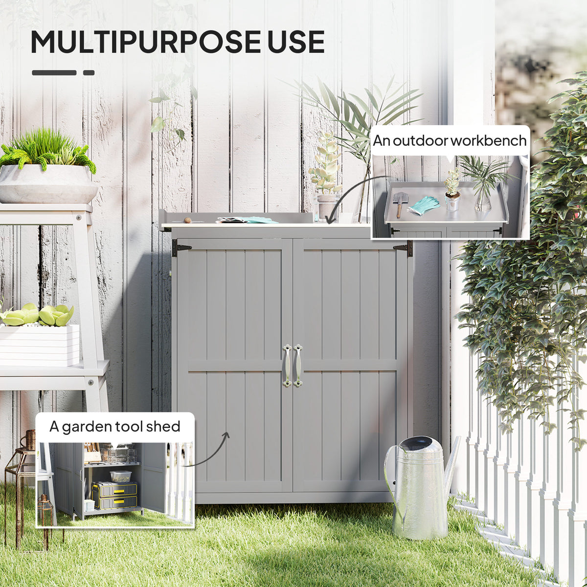 Wooden Garden Tool Storage Shed with Hinged Roof and Shelf - Grey