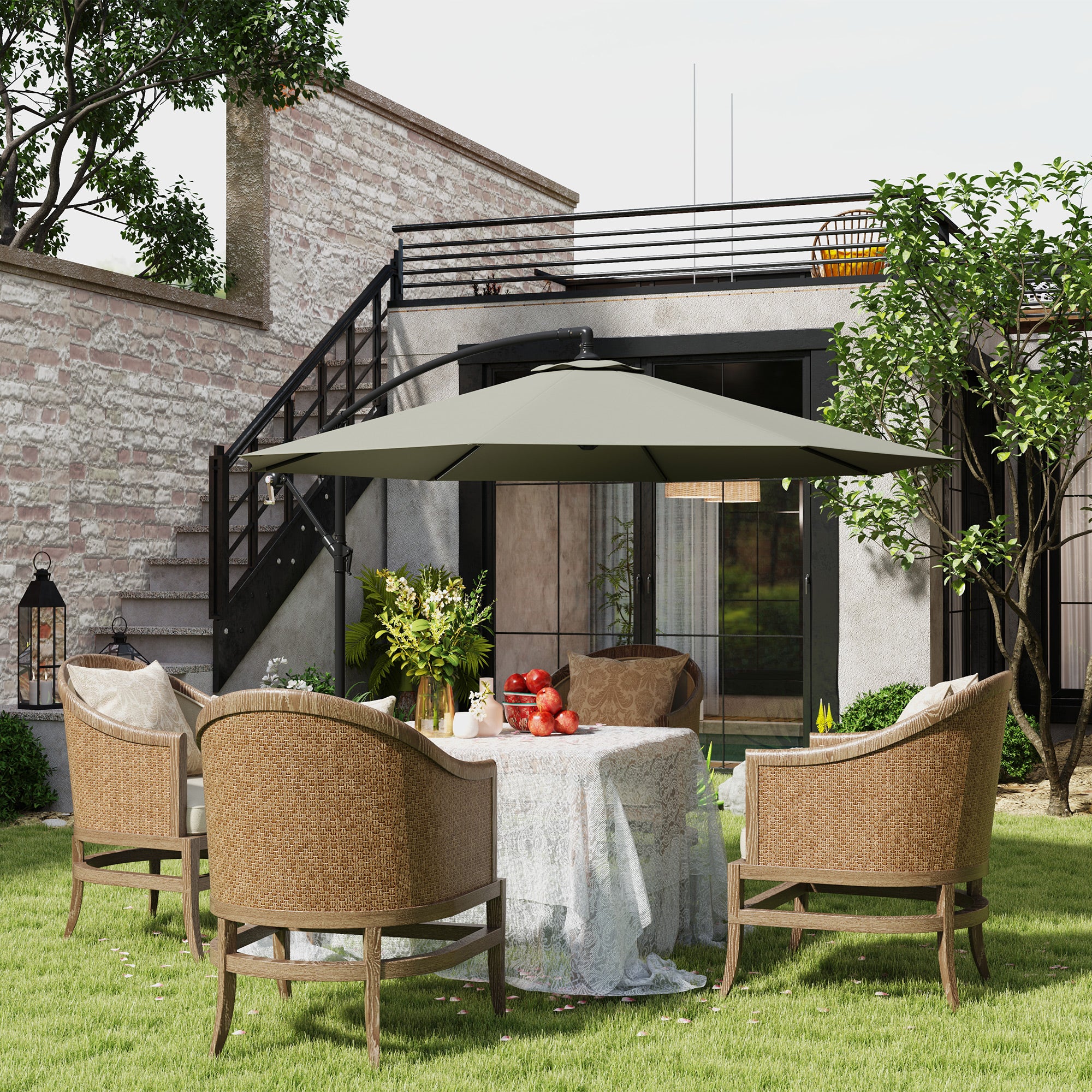 3m Overhanging Cantilever Parasol, with Cross Base - Light Grey