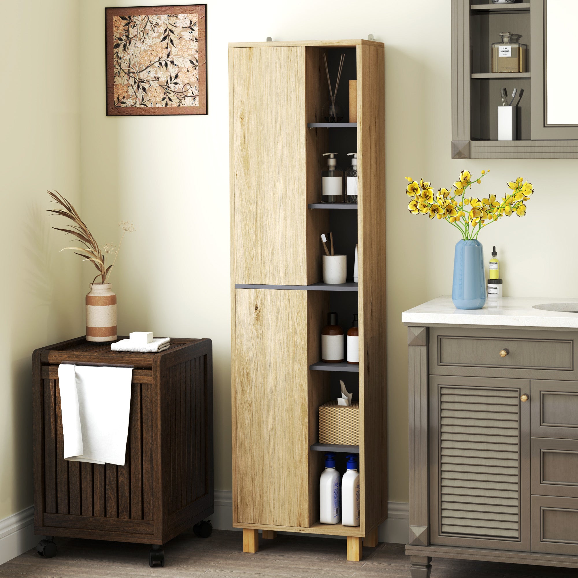 Multi-Storage Slim Bathroom Cabinet - Wood-Effect