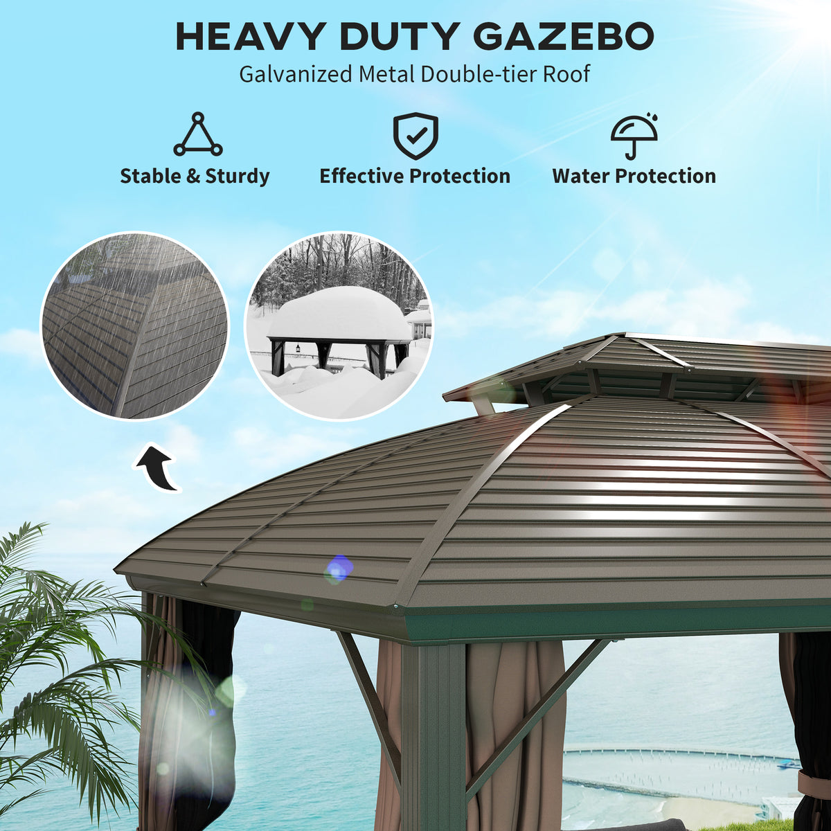 3.65 x 3m Hardtop Steel Gazebo Canopy with Aluminium Frame, Double Roof, Net Sidewalls & Curtains - Coffee