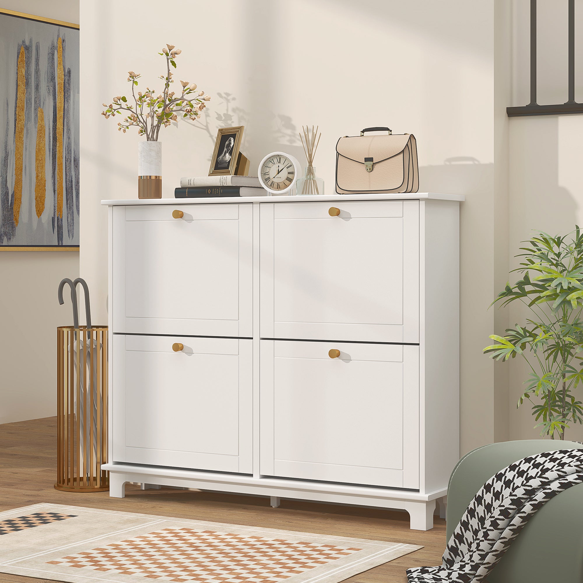Narrow Shoe Storage Cabinet, Slim Shoe Cabinet with 4 Flip Drawers, Adjustable Shelves for 16 Pairs of Shoes, White