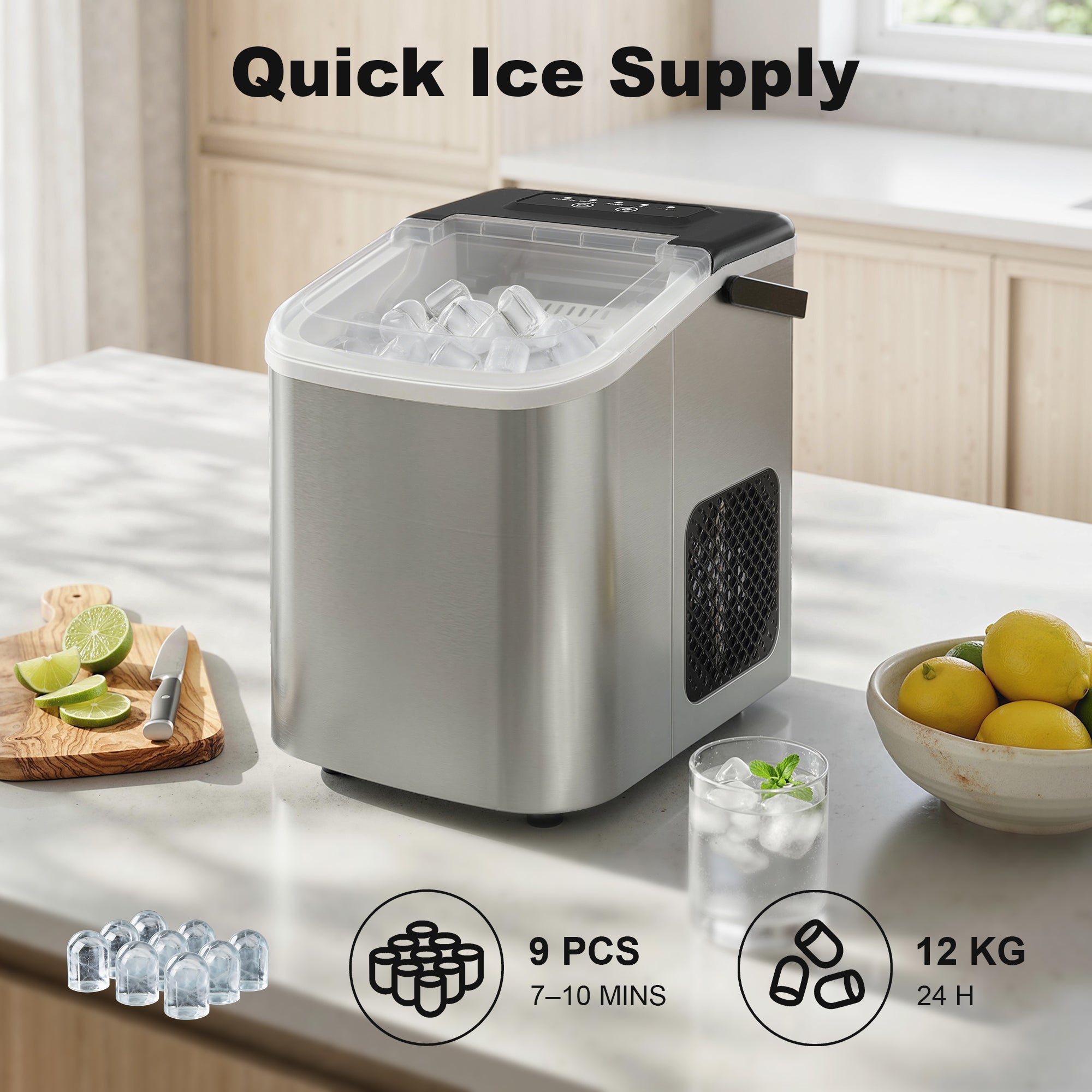Ice Maker Machine Countertop, 9 Cubes Ready in 7 Mins, 12 KG in 24Hrs, 2 Sizes of Bullet, Self-Cleaning Ice Machine with Portable Handle, Scoop and Basket for Home Kitchen Office RV