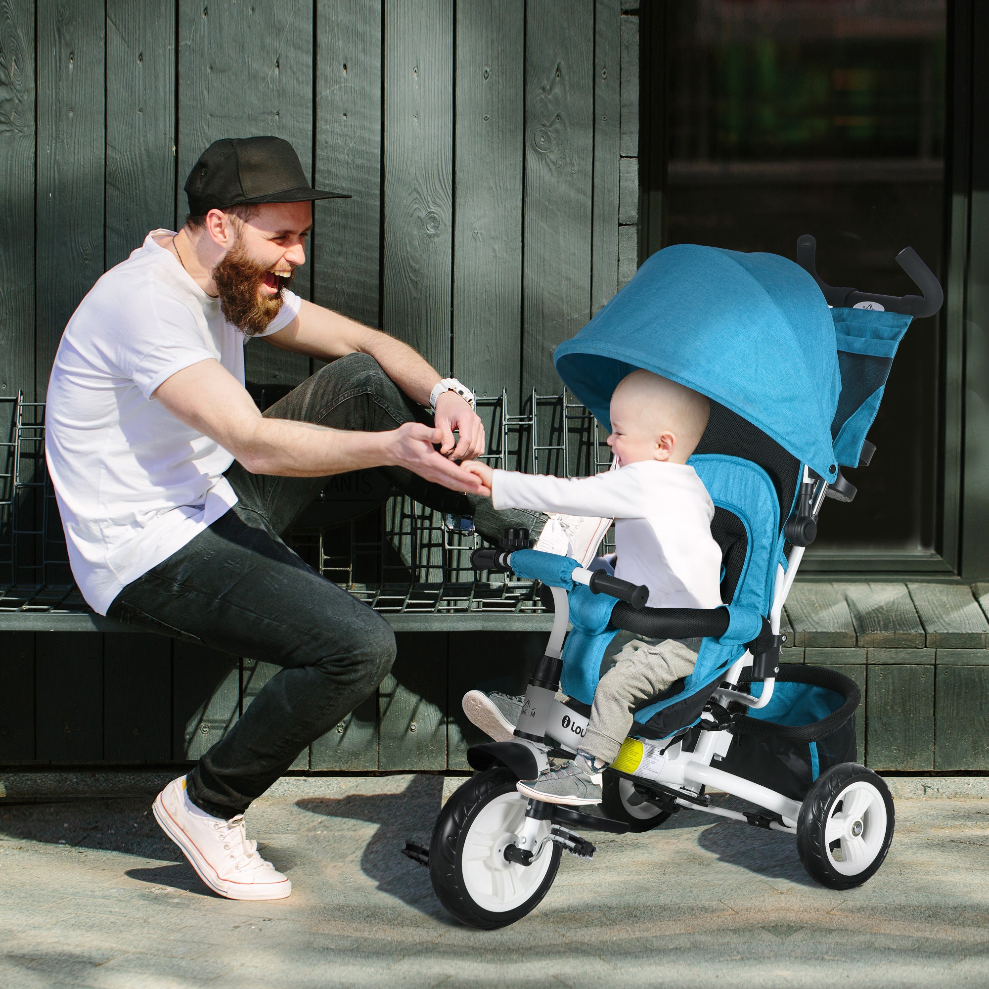 6 in 1 Kids Trike Push Bike w/ Push Handle, Canopy, 5-point Safety Belt, Storage, Footrest, Brake, for 1-5 Years, Blue