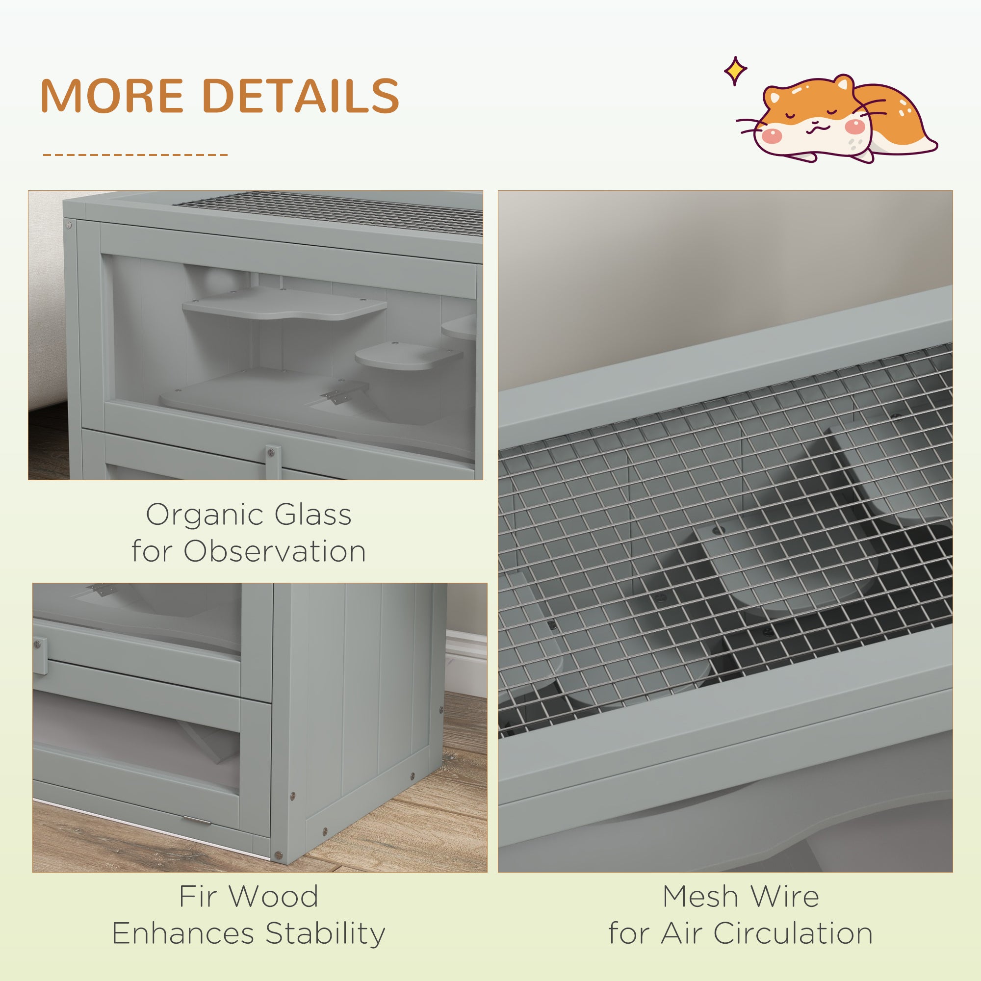 Wooden Hamster Cage Mouse Mice Rodent Small Animals Hutch Exercise Play House 60 x 35 x 42cm, Grey