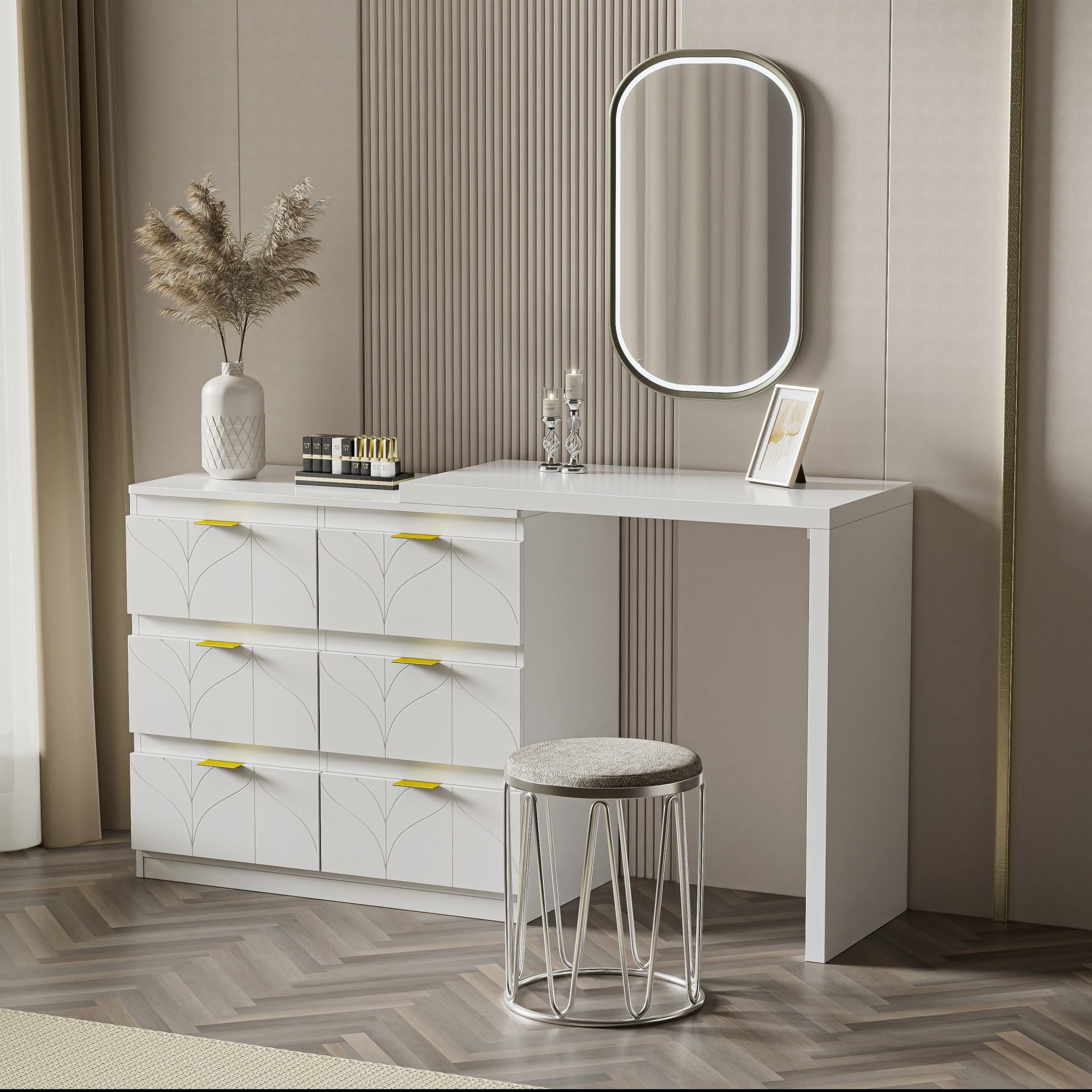 Elegant Dressing Table with 180° Rotating Top and 6 Silent Drawers - White
