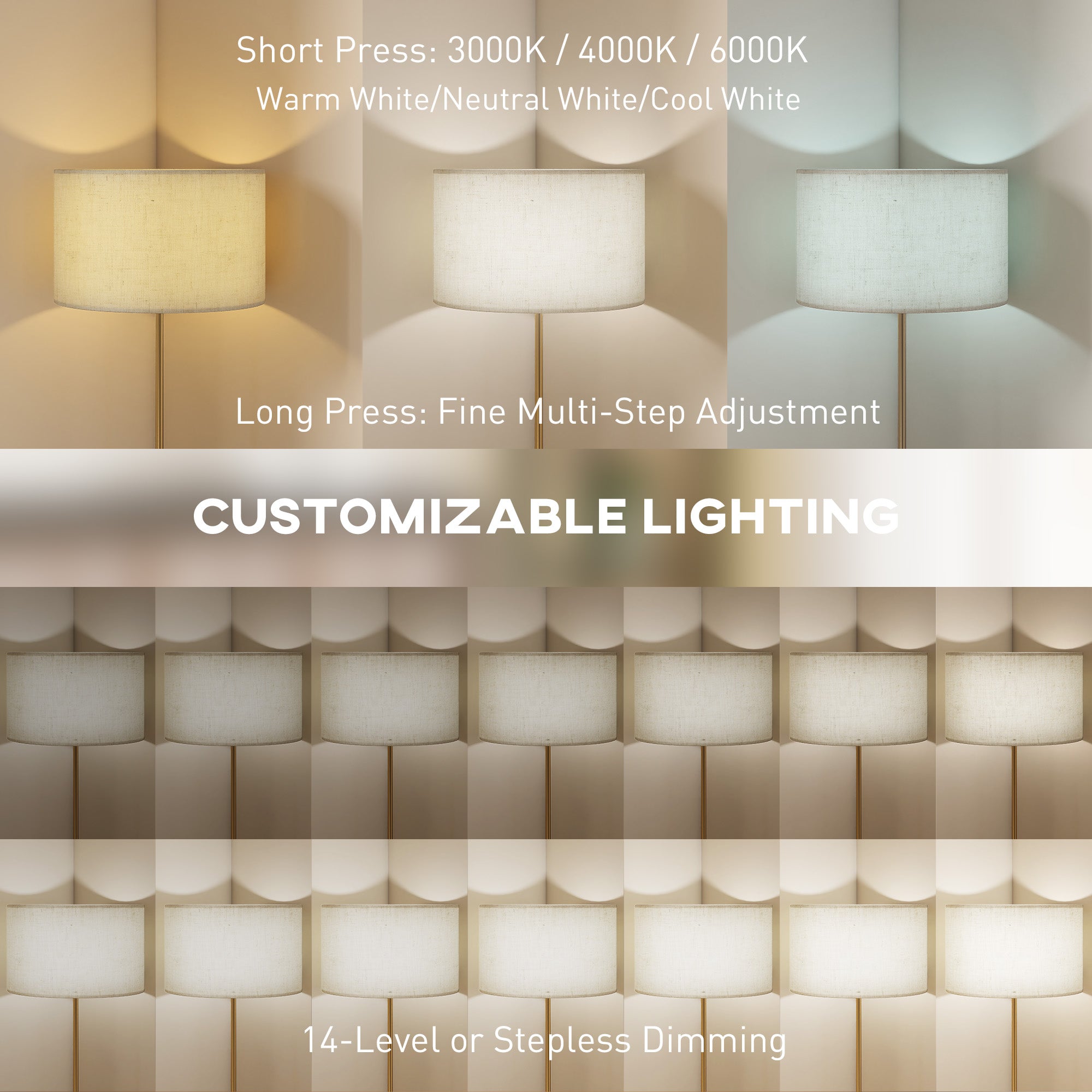 Floor Lamp with Remote, Height Adjustable Standing Lamp with Linen Shade, Dimmable with 3000K-6000K Adjustable Colour Temperatures, Foot Switch for Living Room Bedroom Office, Gold Tone