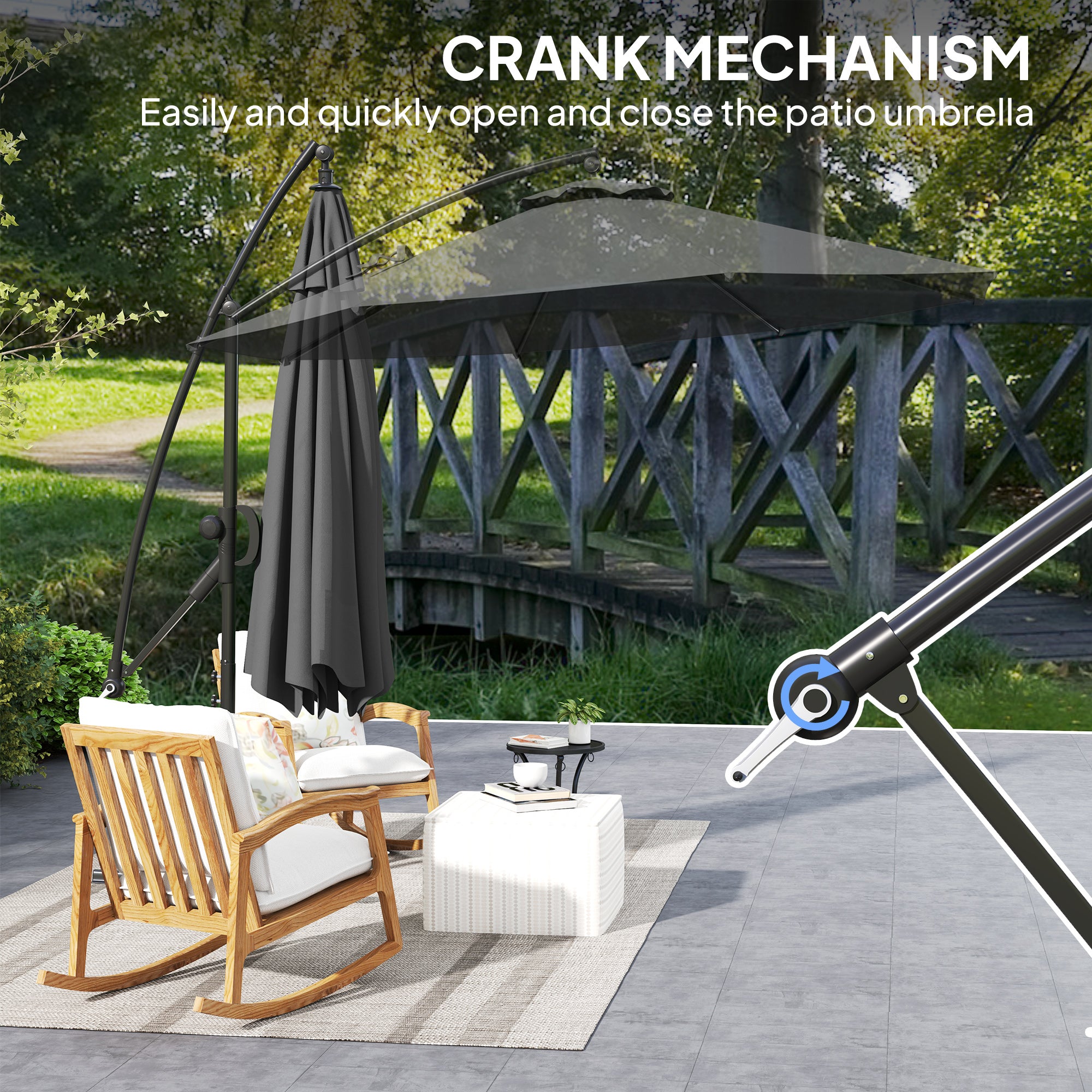 3m Garden Cantilever Parasol with Crank, Tilt, Cover & Wind Strap - Grey