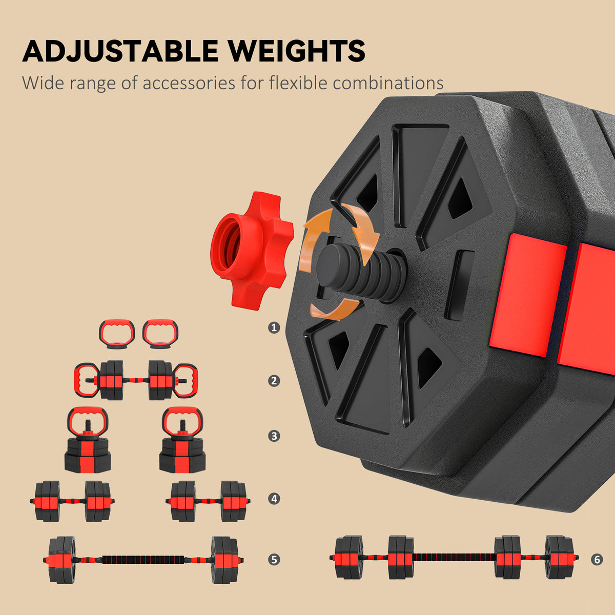 6-in-1 Adjustable Weight Dumbbells Set, Used as Kettlebell, Barbell, Dumbbell, Push-Up Stand, 30kg Free Weights Set for Men and Women Home Gym Training, Red
