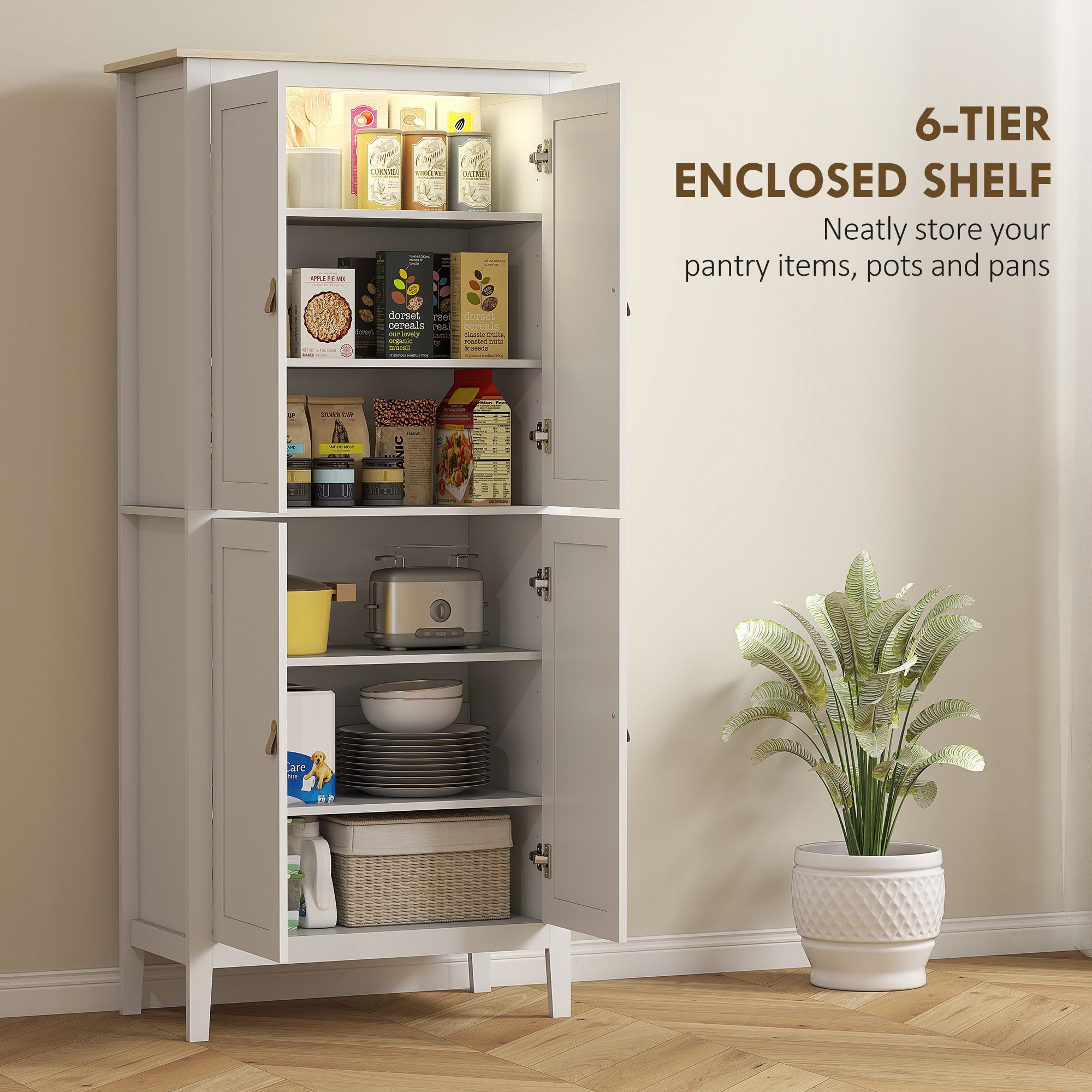 176.5 cm Tall Pantry Cupboard with Motion Sensor LED Light - White