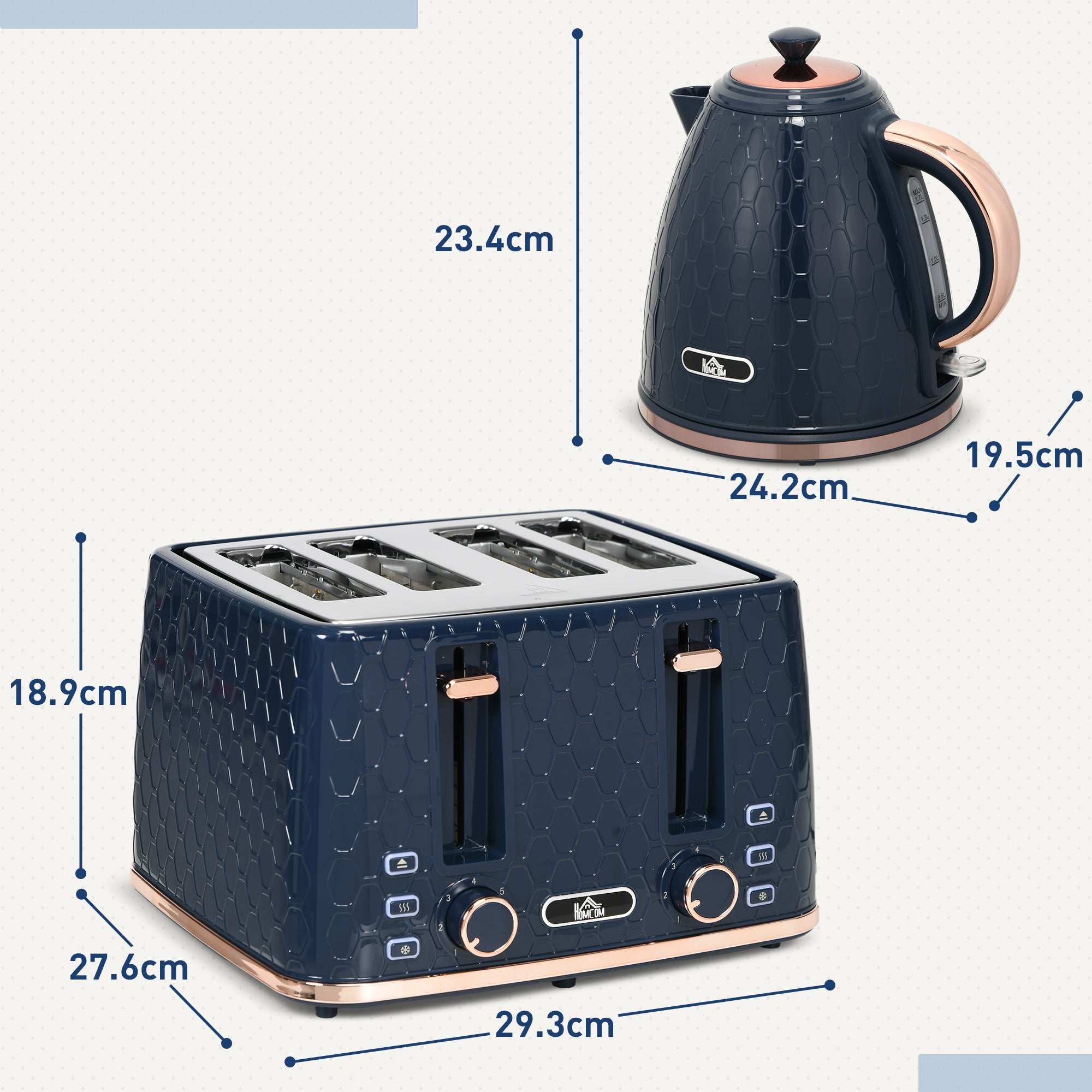 Kettle and Toaster Set, 1.7L 3000W Fast Boil Jug Kettle with Auto Shut Off, 4 Slice Toaster with 7 Level Browning Controls & Crumb Tray, Blue