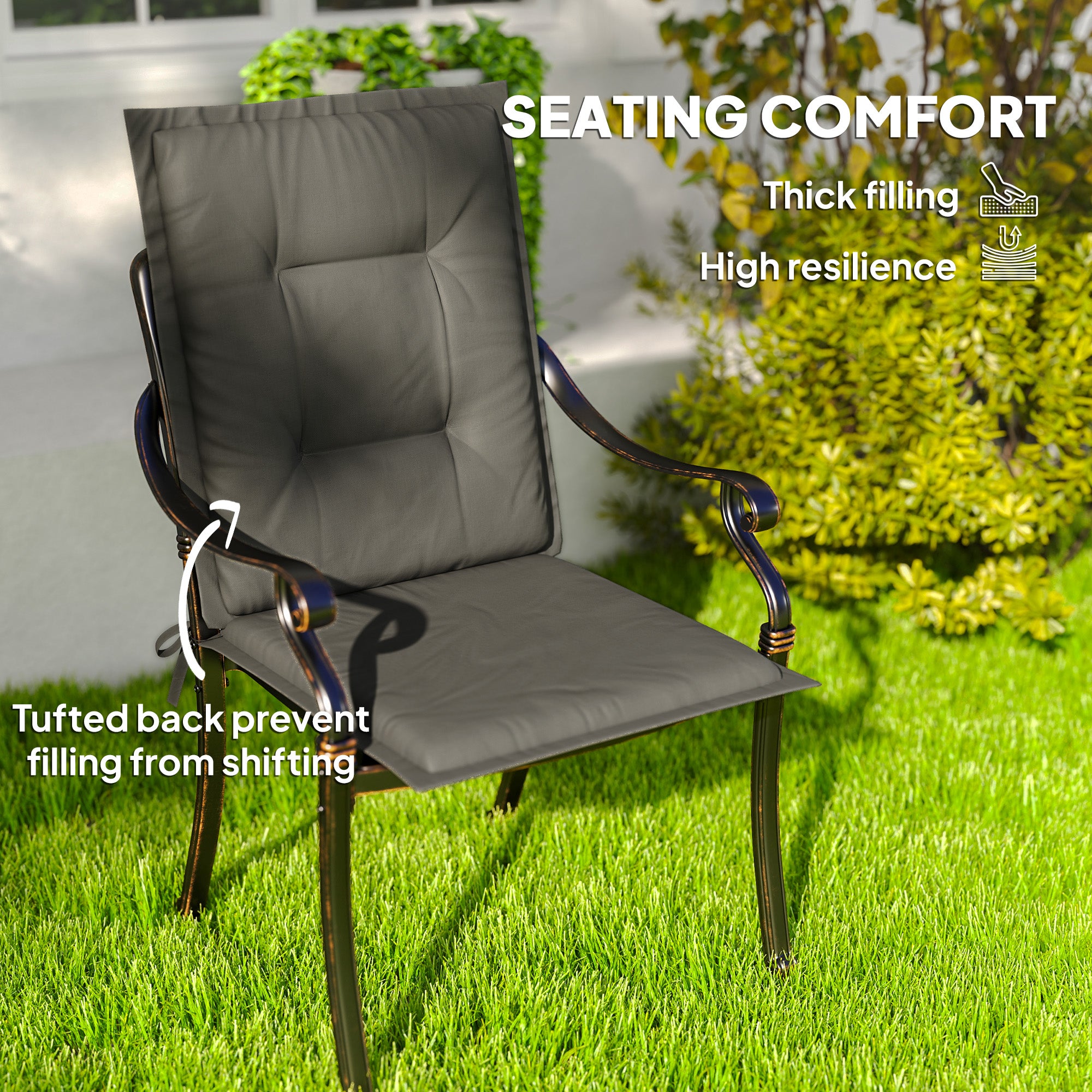 Set of 4 Cotton Filled Padded Garden Seat Cushions - Light Grey