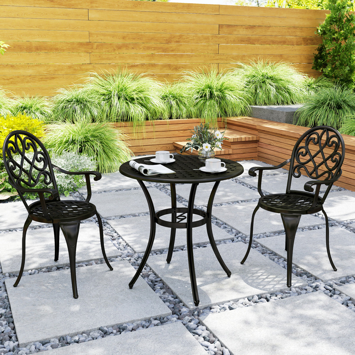 Three-Piece Aluminium Garden Set with Table and Chairs - Black