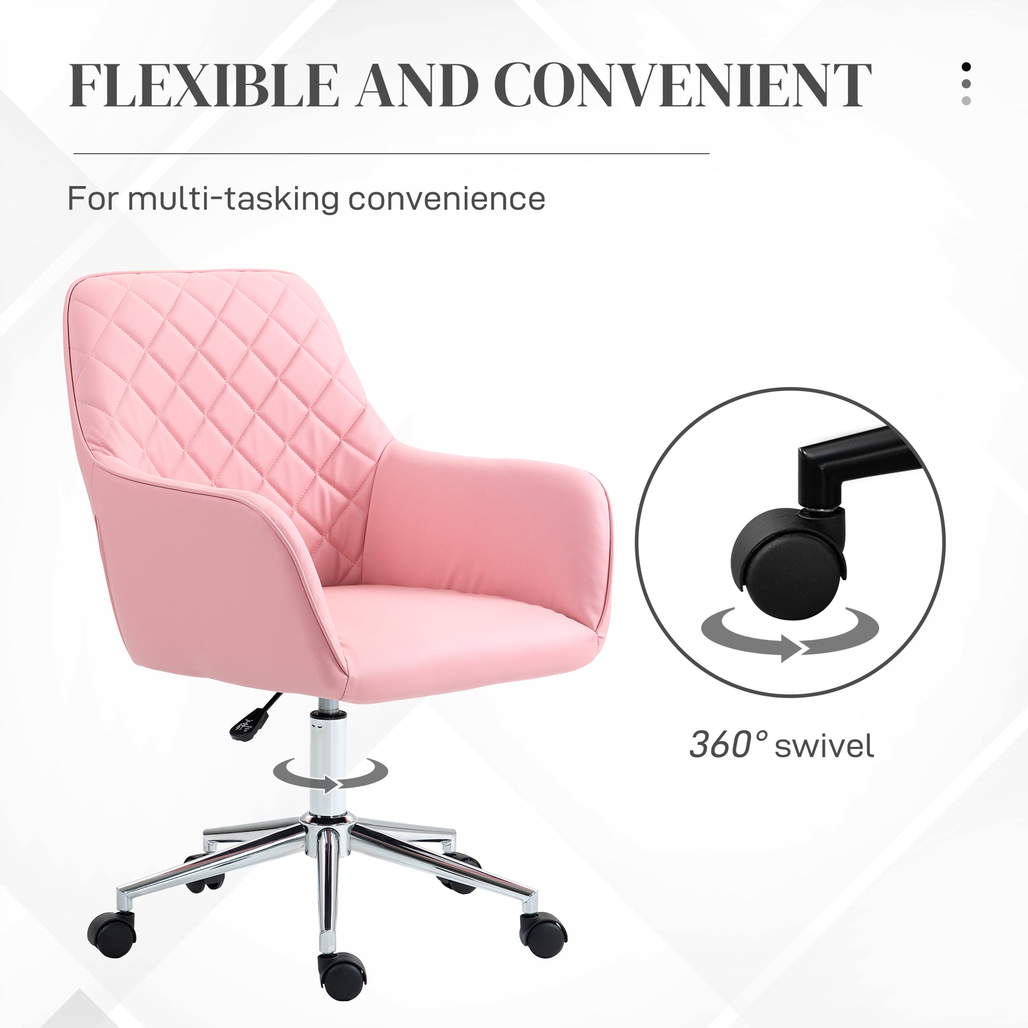 Office Desk Chair, Leather-Feel Fabric Computer Swivel Chair with Rolling Wheels and Adjustable Height for Home, Pink