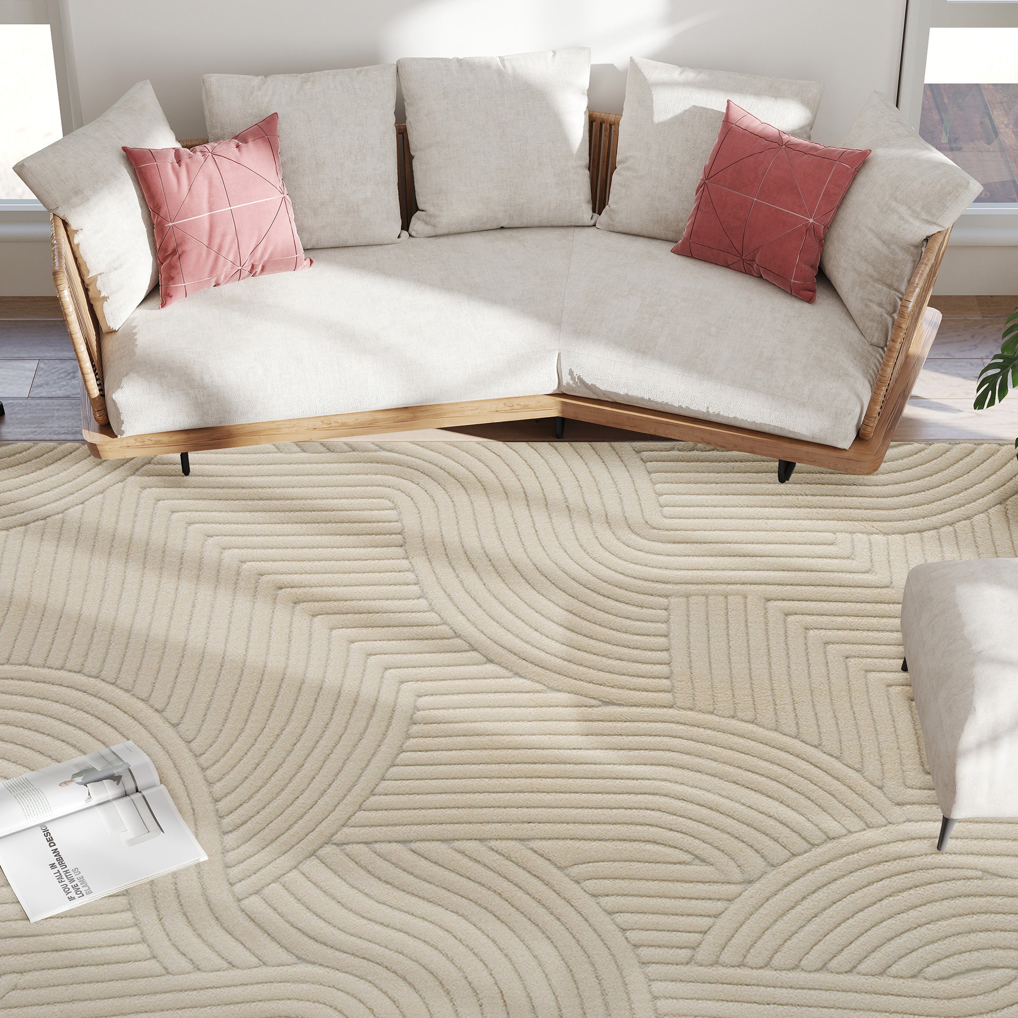 Modern Geometric Rug, Thick Plush, Non-Slip, 160 x 120 cm – Cream, Living Room/Bedroom/Office