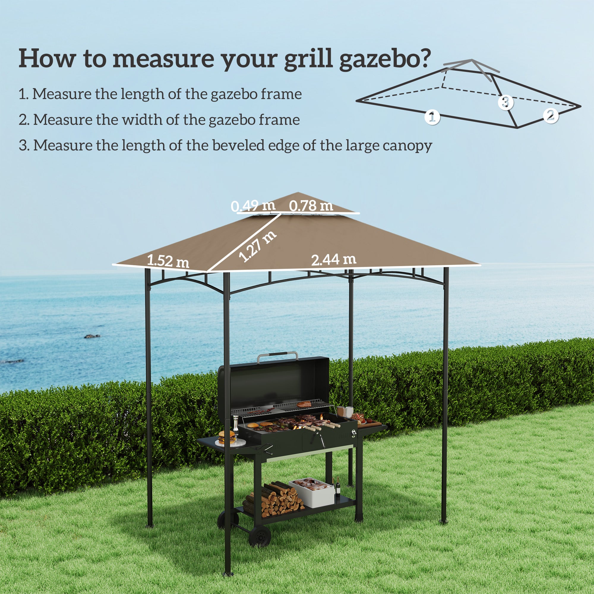 Grill Gazebo Replacement Canopy Roof for 1.5 x 2.4m Frame, UPF50+ Protection, Double Tiered 5' x 8' Outdoor BBQ Gazebo Cover Replacement, TOP COVER ONLY, Khaki