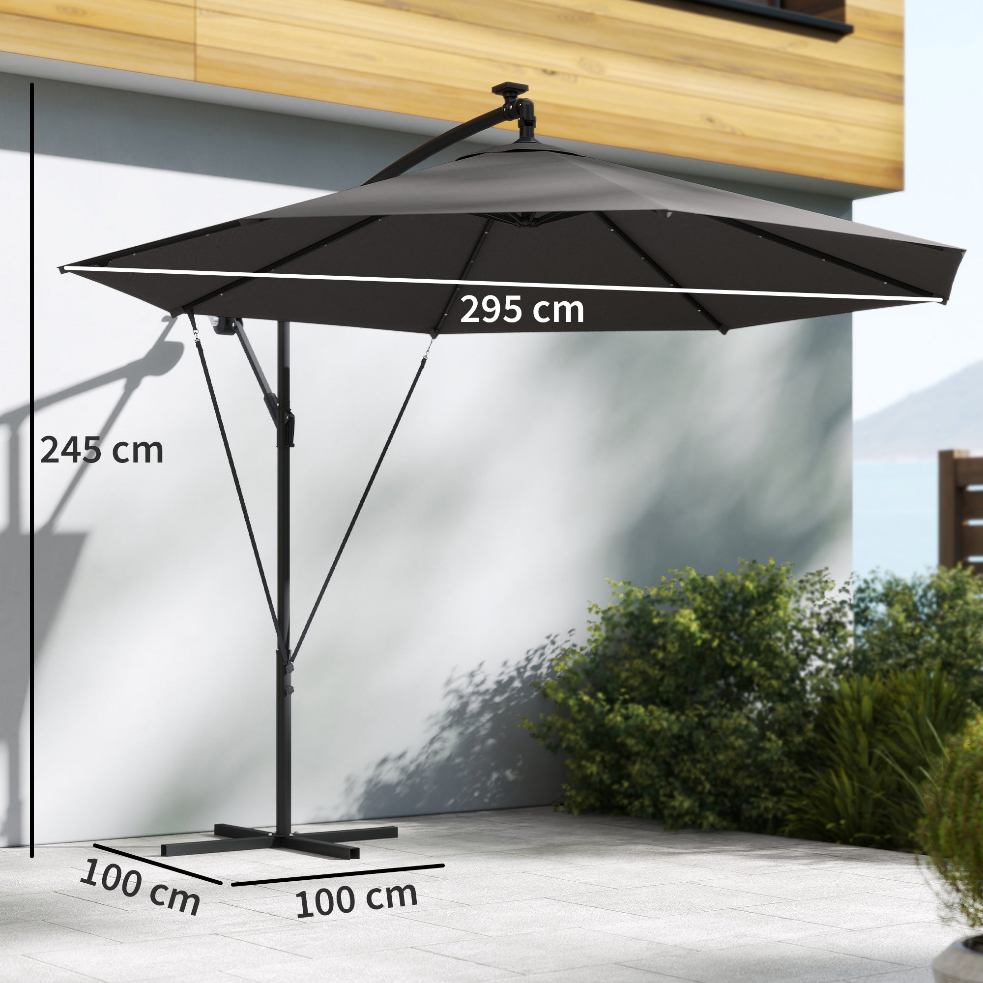 3 m Cantilever Parasol with Solar LED Lights Garden Umbrella with Cross Base, Black