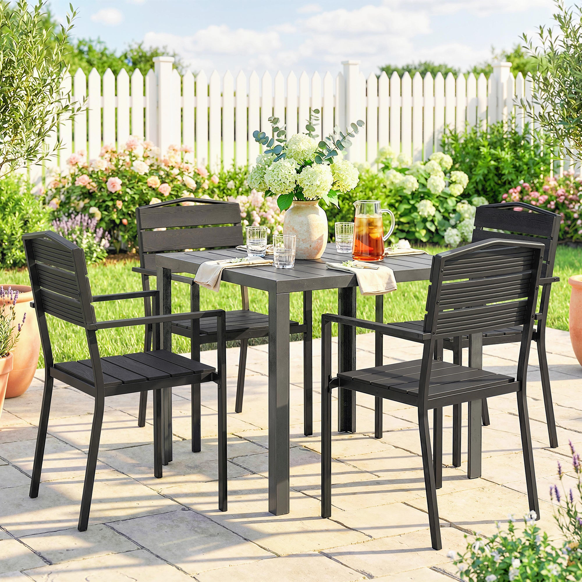 Stackable Garden Chairs Set of 4, Garden Dining Chairs with Slatted HDPE Seat Back, Armrests, Metal Frame, Black