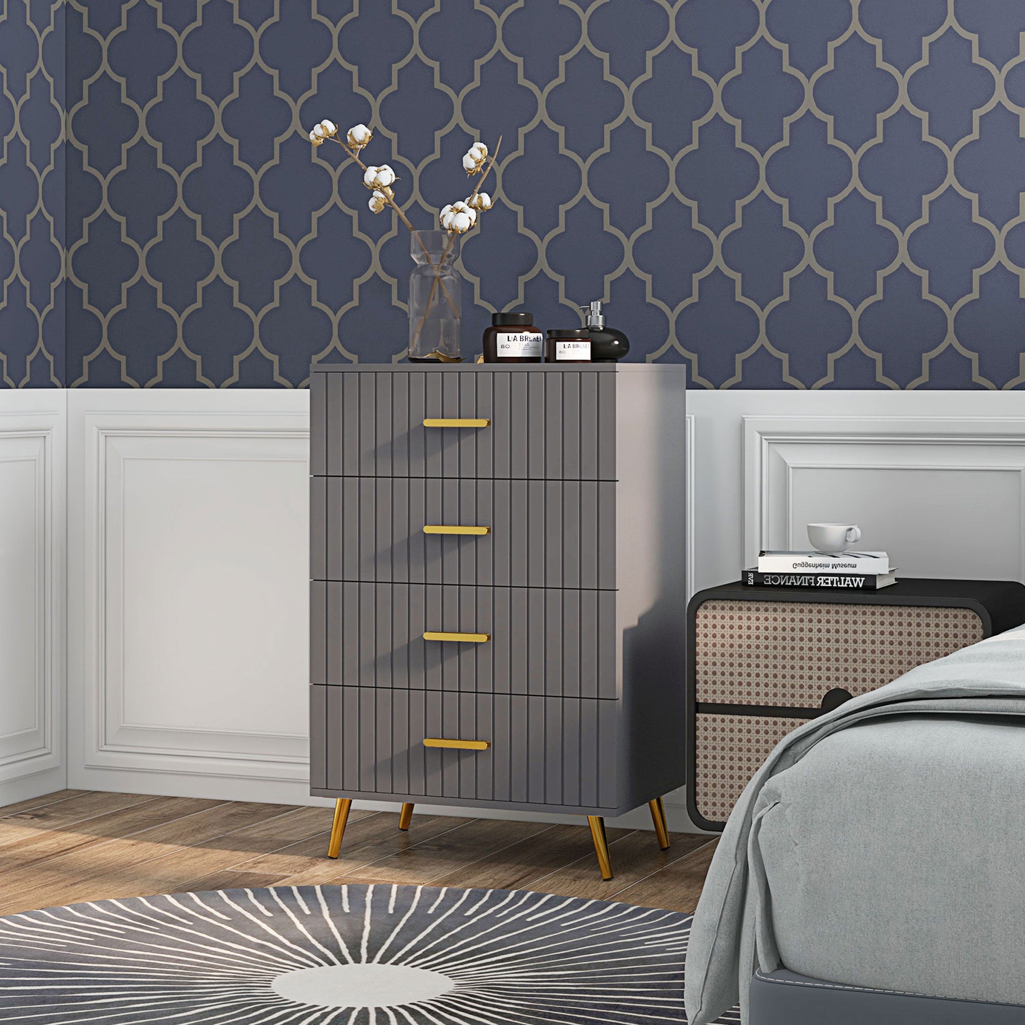 Four Drawer Embossed Line Dresser - Grey/Gold Tone