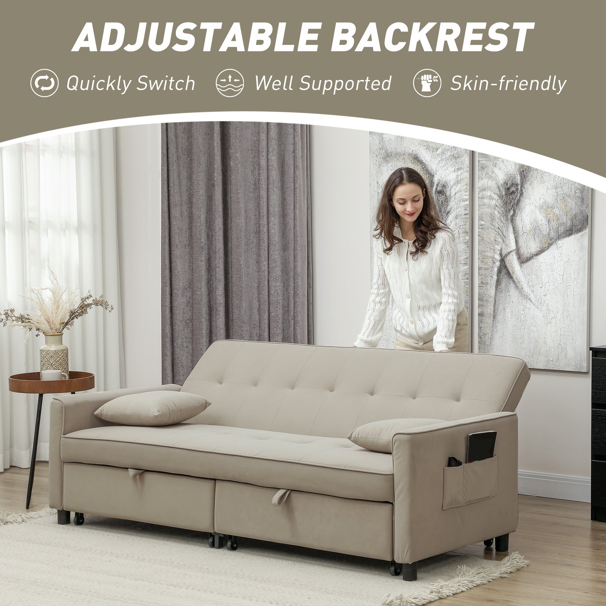 Three-Person Velvet-Feel Sofa Bed with Adjustable Backrest - Beige