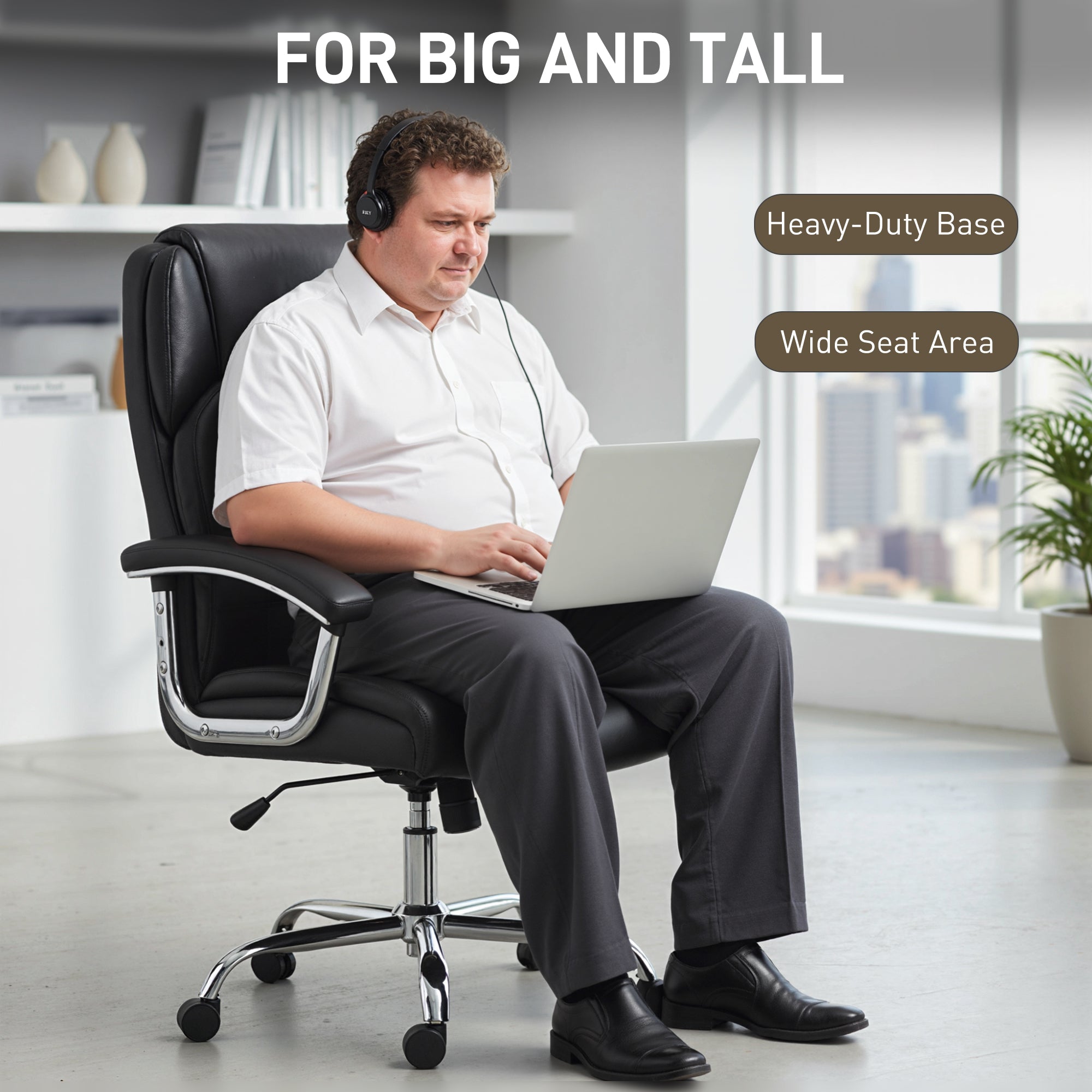 Big and Tall Office Chair 180kg with Spring Cushion, PU Leather - Black