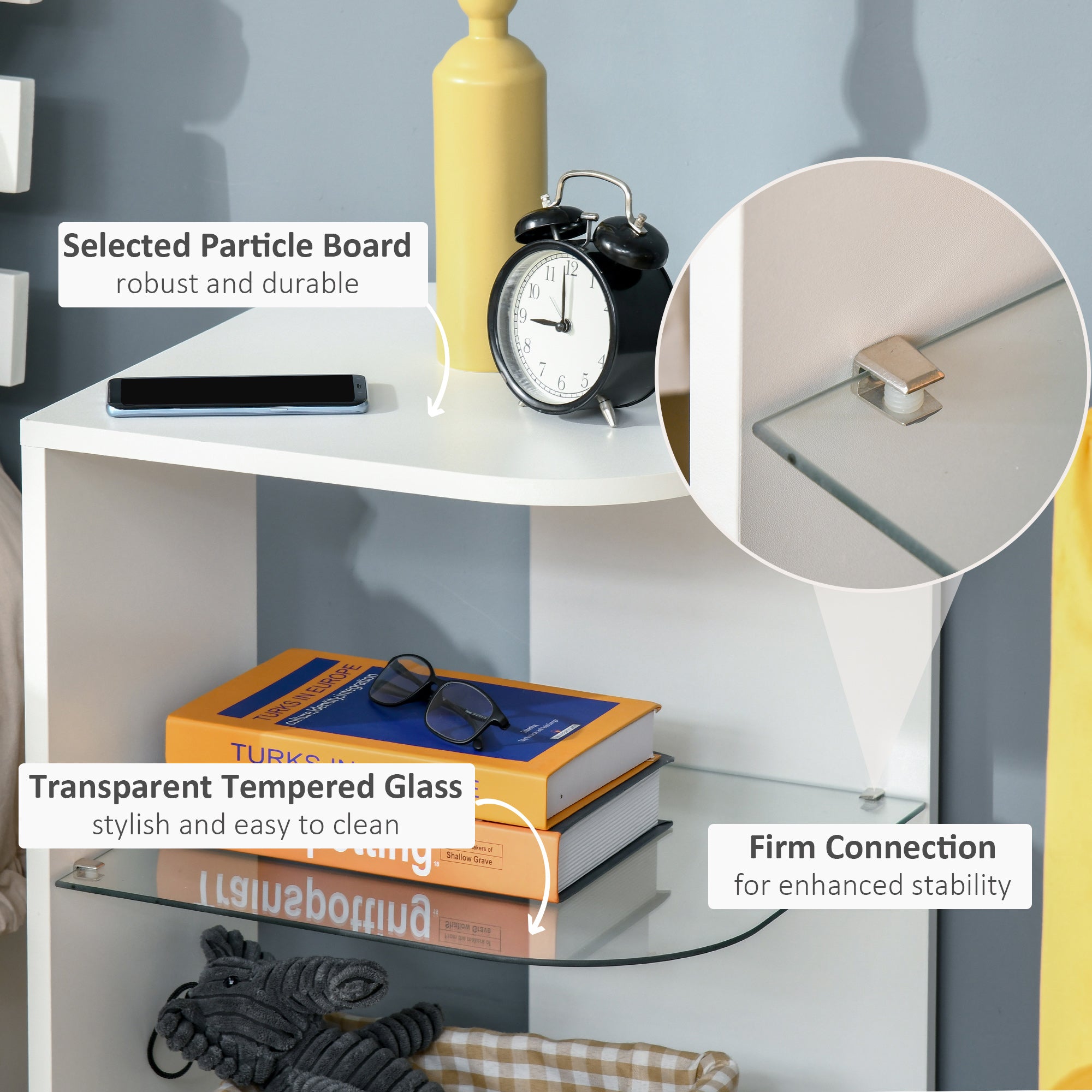 Modern Side Table Set of 2, Three Layer Bedside Table Nightstand with 2 Storage Shelves, for Living room, Bedroom, White